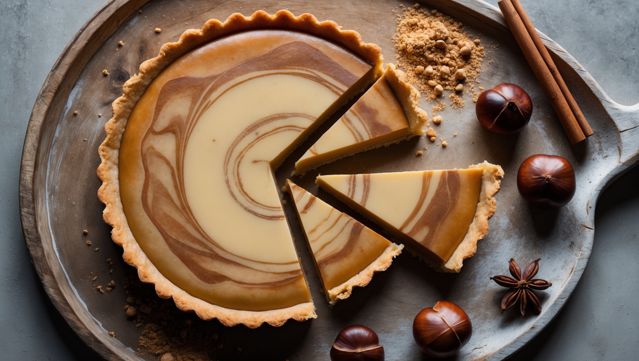 An overhead shot captures this elegant Chestnut Custard Tart showcasing its smooth, caramel-colored surface with a subtle marbled chestnut swirl pattern. The cross-section reveals three distinct layers: a golden, perfectly baked shortcrust base, the velvety chestnut-speckled custard center, and a delicate glazed top reflecting soft natural light. The tart rests on a weathered wooden serving board garnished with a few whole roasted chestnuts and scattered chestnut flour. A slice being lifted reveals the custard's perfect consistency – holding its shape yet appearing incredibly creamy. Cinnamon sticks and star anise arranged nearby hint at the warming spices complementing the earthy chestnut notes.