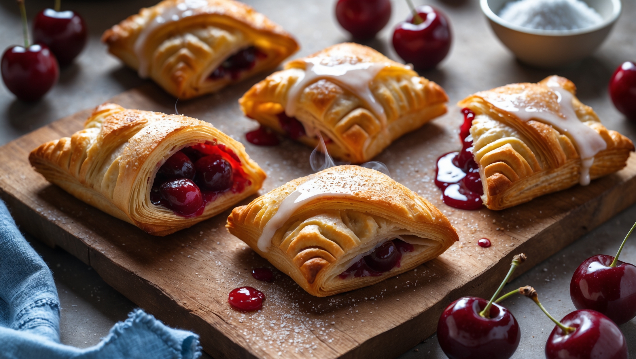 An overhead shot captures six golden-brown cherry turnovers arranged on a rustic wooden board, with one turnover in the foreground showing its flaky layers and ruby-red cherry filling spilling slightly from the corner. Shot in warm natural light, the scene features scattered fresh cherries, a small bowl of powdered sugar, and a vintage blue linen napkin. The glossy vanilla glaze drizzled across the tops creates beautiful contrast against the amber pastry, while a dusting of sparkling sugar catches the light. Steam visibly rises from one freshly-cut turnover, revealing the juicy cherry filling inside.