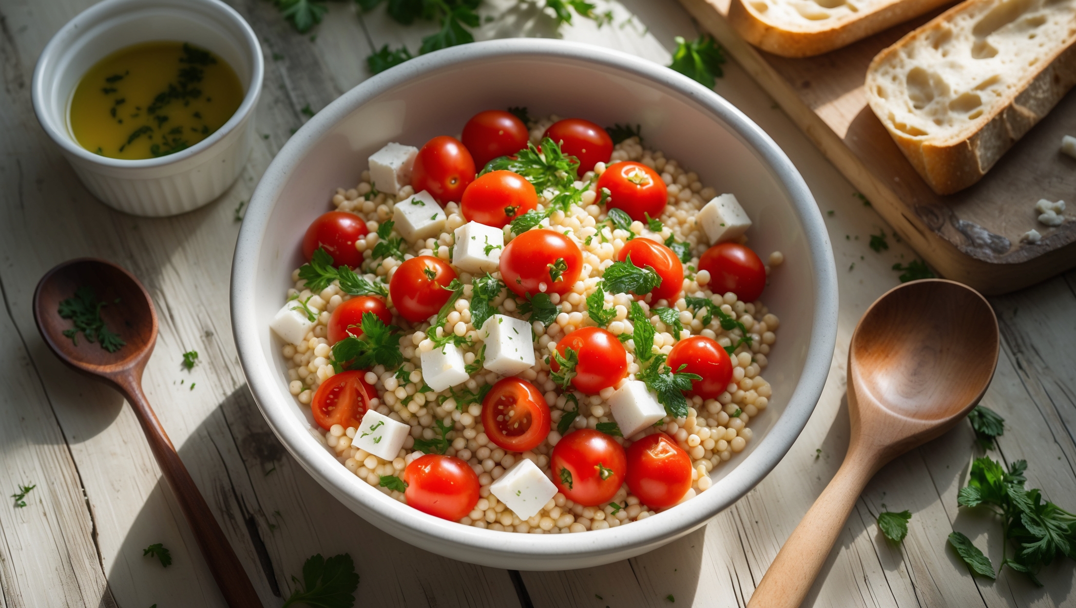 An overhead shot of a white ceramic bowl filled with pearl couscous salad, where ruby-red cherry tomatoes burst with color against the pale beige grains. Soft natural light streams across the scene, highlighting the glistening olive oil dressing and vibrant flecks of chopped parsley and mint. Small cubes of white feta cheese are scattered throughout, creating a beautiful contrast with the multicolored cherry tomatoes. The bowl sits on a weathered wooden table alongside a small ramekin of extra dressing, a wooden serving spoon, and scattered fresh herbs. Visible in the background: a rustic bread board with sliced sourdough, perfect for accompanying this Mediterranean-inspired dish.