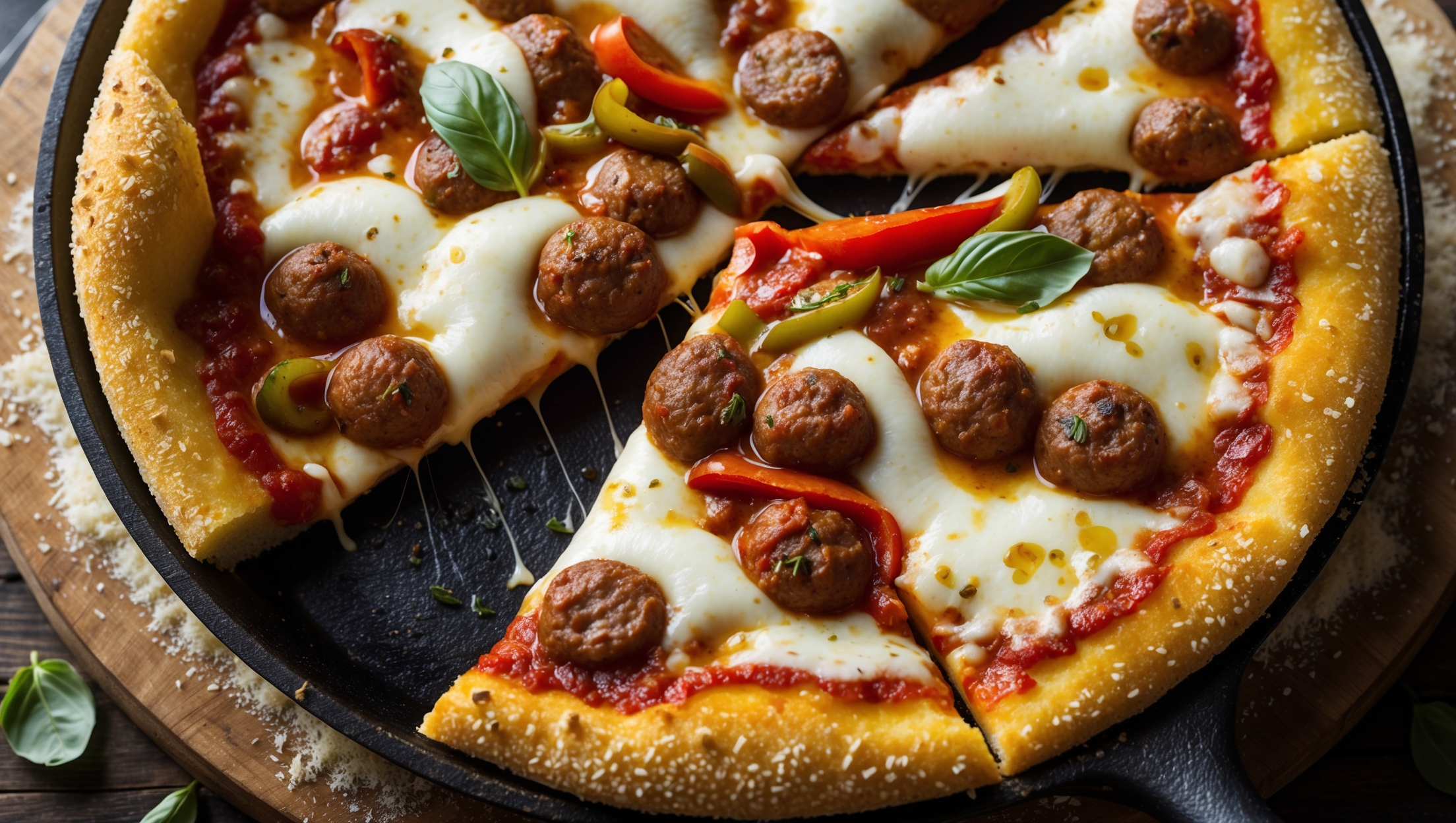 An overhead shot of a slice being pulled from a deep cast-iron skillet, revealing the impressive two-inch depth of this Chicago classic. Golden natural light accentuates the butter-yellow cornmeal crust rising up the sides, while showcasing the dramatic layering: a base of melted mozzarella stretching in long, photogenic cheese pulls, Italian sausage and peppers nestled in the middle, all crowned with a vibrant, chunky tomato sauce that glistens with herbs and olive oil. The pizza rests on a rustic wooden board dusted with cornmeal, with fresh basil leaves scattered around and a metal spatula positioned nearby, ready for serving the next substantial slice.