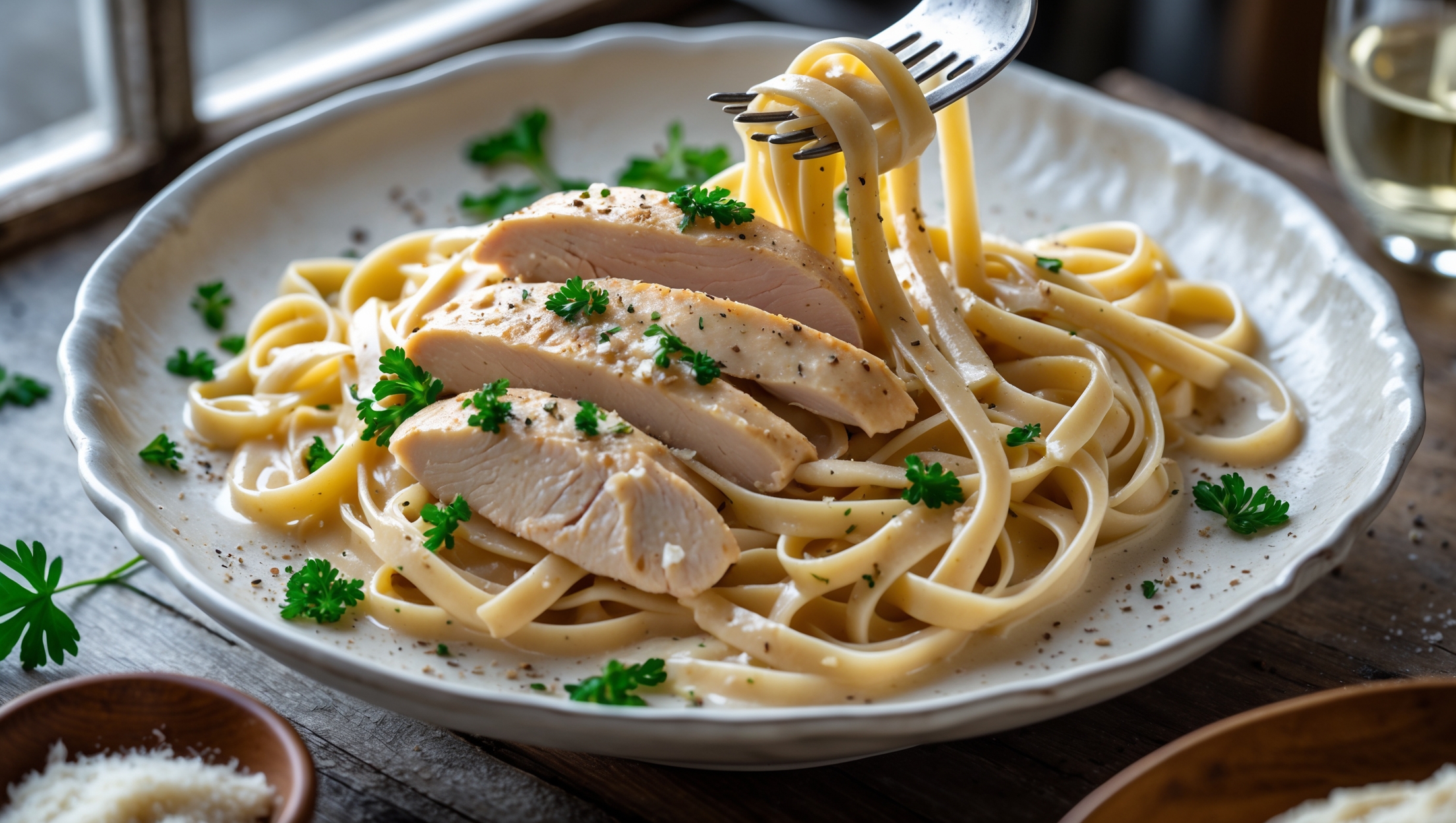 An overhead shot of Chicken Alfredo served on an elegant white ceramic plate, with fettuccine ribbons glistening under a silky, cream-colored sauce. The golden-brown sliced chicken breast is arranged artfully on top, garnished with finely chopped parsley that provides vibrant green contrast. A light dusting of freshly cracked black pepper and grated Parmesan creates texture across the surface. The pasta is captured being lifted by a fork, showing the perfect coating of sauce clinging to each strand. The scene is bathed in soft natural light from a nearby window, with a rustic wooden table underneath, a small bowl of additional Parmesan, and a glass of white wine slightly blurred in the background.