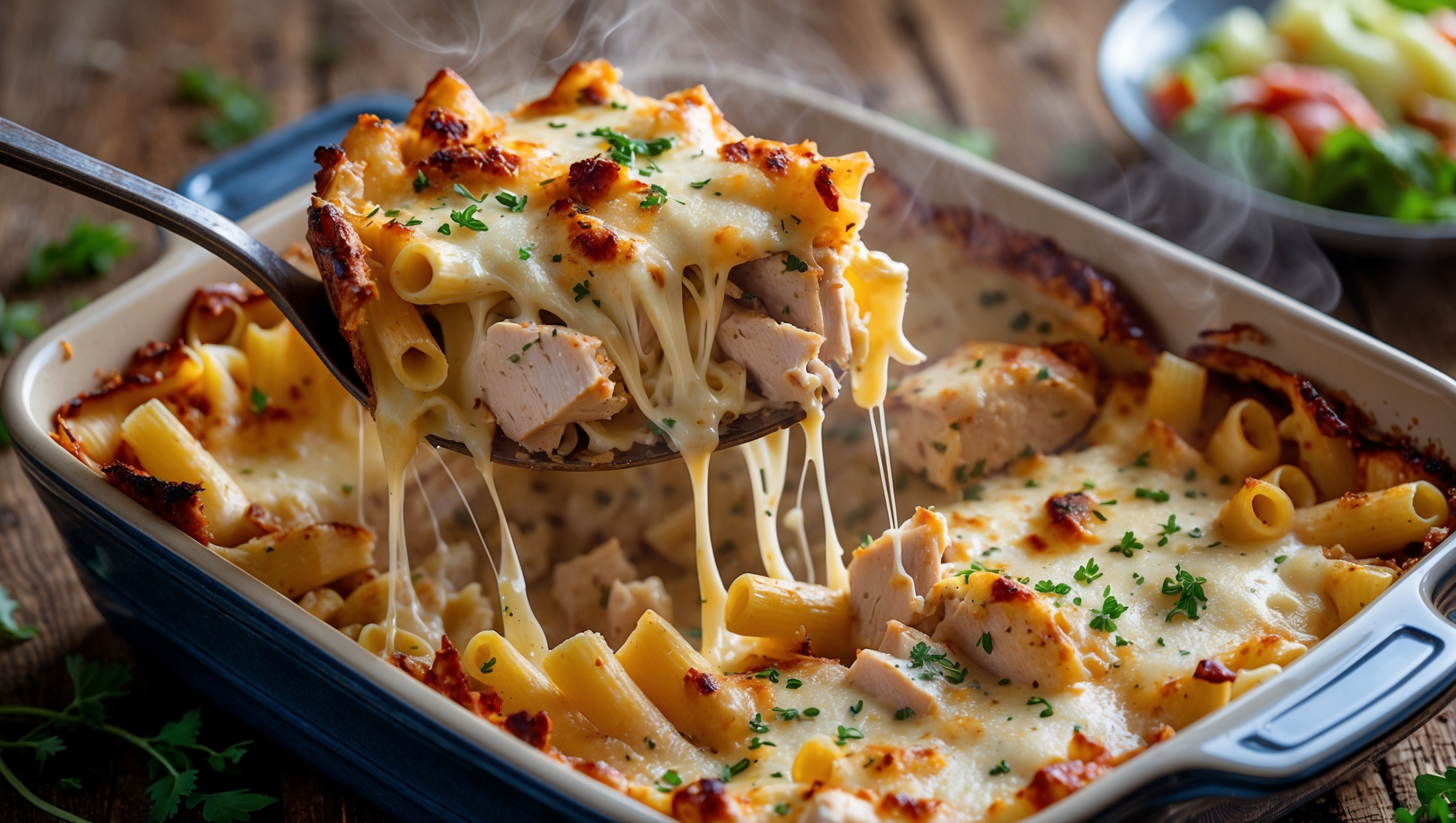 An overhead shot of a deep ceramic baking dish filled with golden-topped chicken pasta bake, the cheese melted to perfection with slightly crispy, burnished edges. A large serving spoon lifts a portion, revealing stretchy cheese pulls and the creamy sauce beneath. Steam gently rises from the exposed layers showing chunks of roasted chicken, vibrant specks of herbs, and pasta tubes perfectly coated in sauce. Captured in warm, natural light on a rustic wooden table with scattered fresh herbs and a side salad visible at the frame edge, emphasizing the homemade, family-style appeal of this hearty dish.