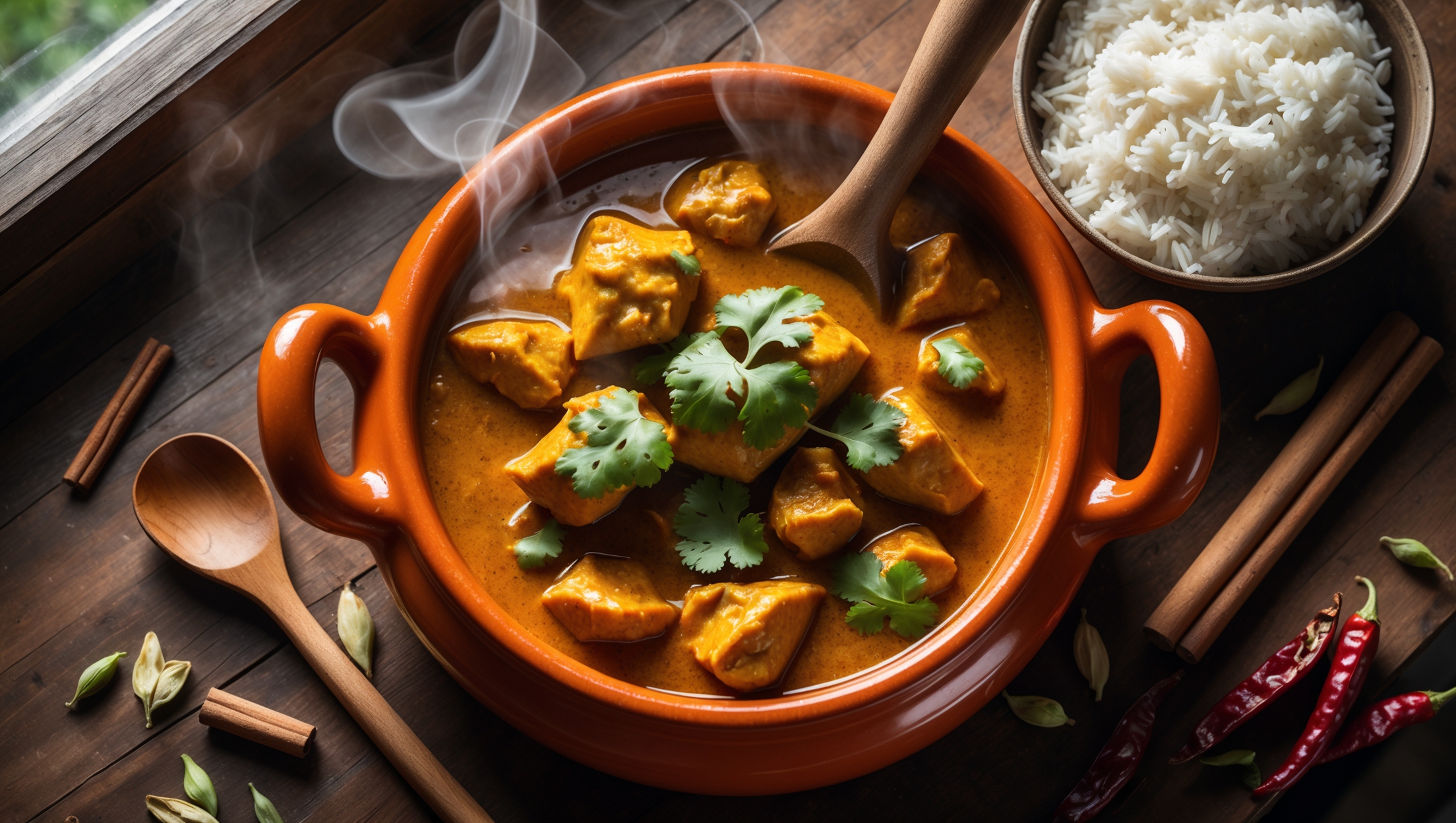 An overhead shot of a deep, terracotta serving bowl filled with glossy, amber-hued chicken curry, where chunks of succulent chicken peek through the rich sauce. Steam rises gently, catching the warm, natural light streaming through a nearby window. Vibrant green cilantro leaves are scattered across the surface, creating a beautiful color contrast against the deep orange-red curry. A wooden spoon rests alongside, partially submerged in the sauce, while fluffy basmati rice occupies a smaller bowl nearby. The scene is set on a rustic wooden table with scattered whole spices—cinnamon sticks, cardamom pods, and dried red chilies—artfully arranged to hint at the complex flavor profile within the dish.