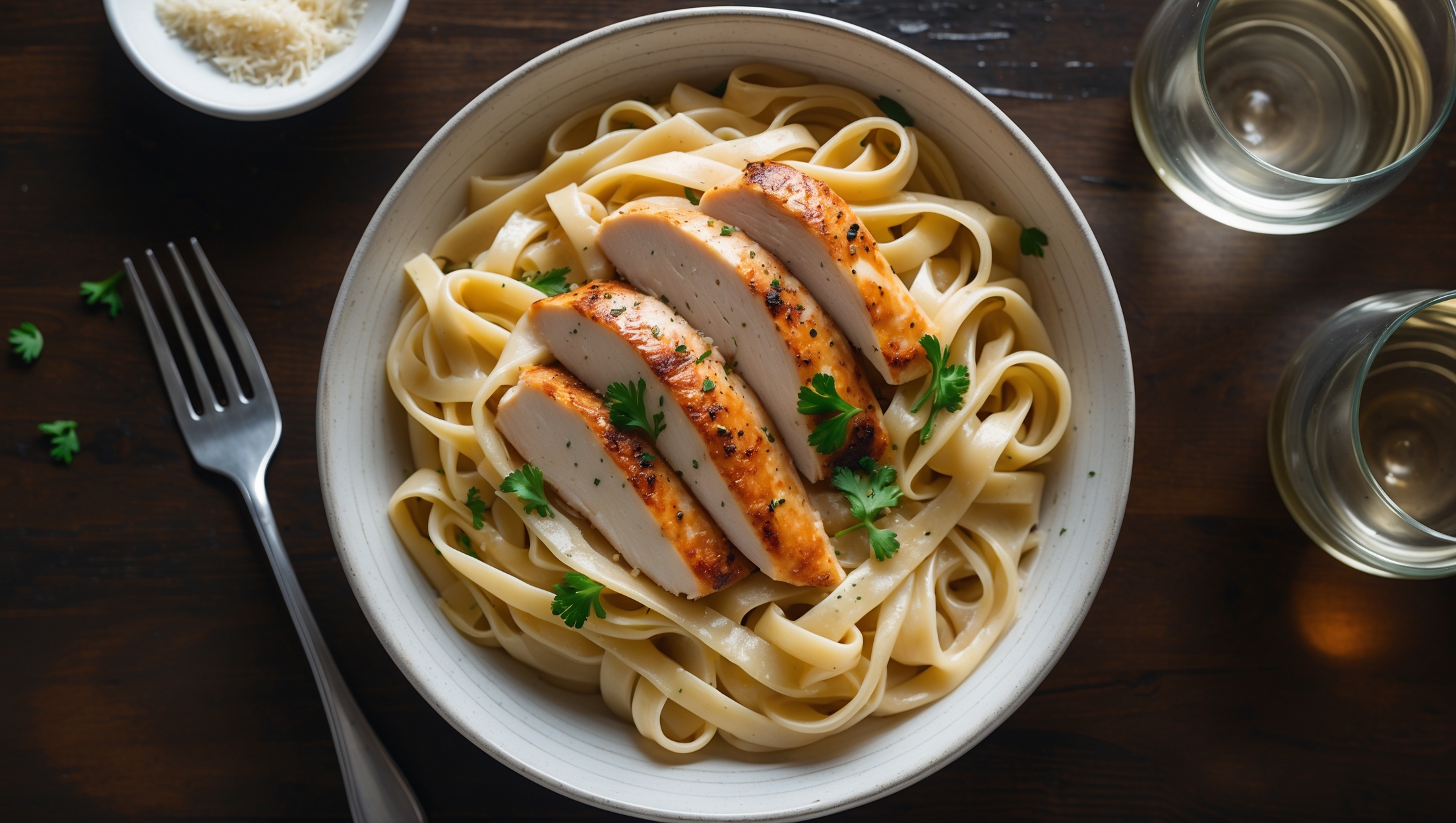An overhead shot of a white ceramic pasta bowl filled with steaming Chicken Alfredo on a dark wooden table. Fettuccine ribbons glisten under a rich, ivory sauce that pools slightly at the edges. Sliced chicken breast, perfectly seared with golden edges, rests atop the pasta. A light dusting of freshly cracked black pepper and vibrant green parsley creates striking color contrast against the creamy backdrop. In soft natural light, you can see the silky texture of the sauce coating each strand of pasta. A small bowl of extra grated Parmesan and a glass of white wine sit nearby, suggesting an intimate dinner setting ready to be enjoyed.