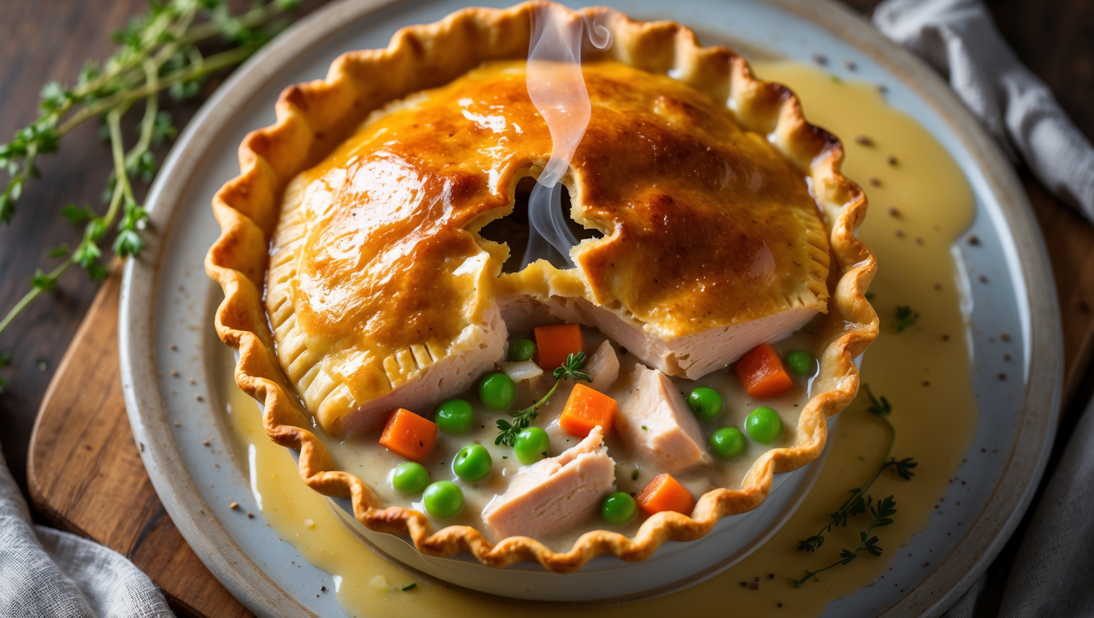 An overhead shot of a golden-brown chicken pot pie with steam escaping from a decorative central vent cut, photographed in soft natural light. The pastry showcases a beautifully crimped edge with burnished highlights from egg wash. A cross-section reveals chunks of roasted chicken, vibrant peas, carrots, and onions suspended in a creamy sauce that gently pools onto a vintage ceramic plate. The pie sits on a rustic wooden board with scattered fresh thyme sprigs and a light dusting of black pepper, creating a homey, inviting scene that emphasizes the comfort food appeal.
