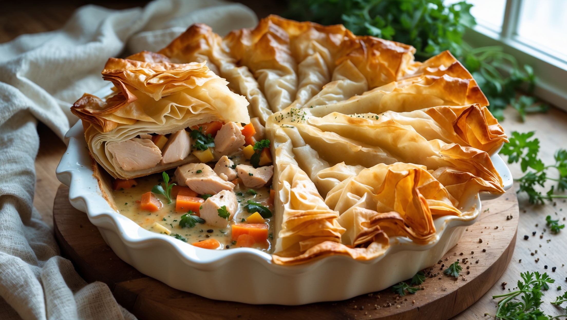 An overhead shot of the golden-brown Chicken Phyllo Pie with one slice being lifted to reveal the steaming, succulent chicken filling inside. Captured in soft natural light streaming through a kitchen window, the flaky layers of phyllo glisten with a light brush of butter while fresh herbs are scattered around the rustic ceramic pie dish. The cross-section view showcases the moist chicken pieces mingling with colorful vegetables in a creamy sauce, while the crinkled pastry top forms an artful pattern of crispy waves. A wooden board supports the pie, with linen napkins, fresh herbs, and a scattering of black pepper providing texture and context to the homemade masterpiece.
