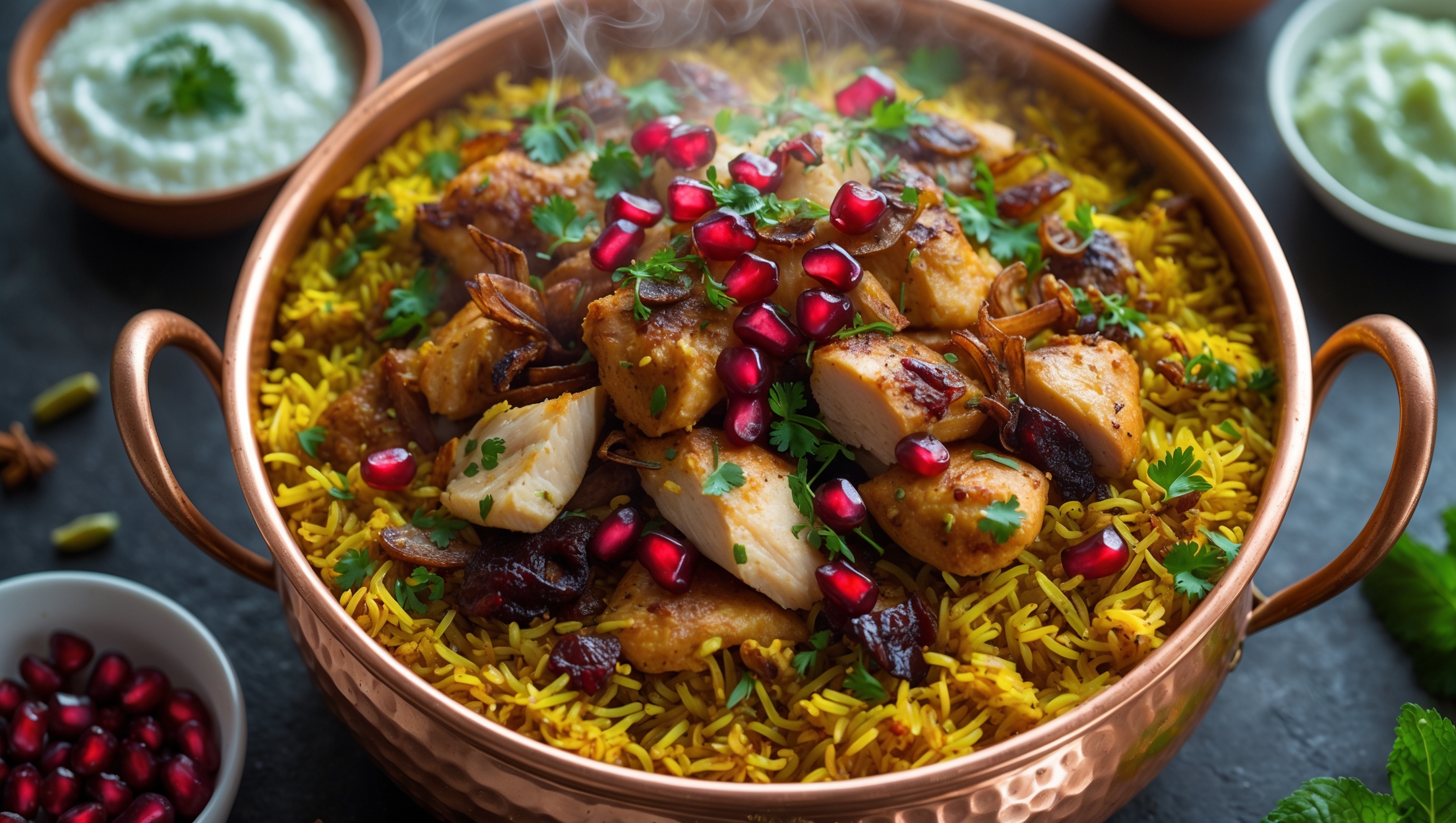 An overhead shot of a copper serving dish piled with jewel-toned Chicken Biryani, where saffron-stained golden rice mingles with succulent pieces of spiced chicken. Steam rises gently, carrying the aroma of cardamom, cinnamon and cloves. A cross-section view reveals distinct layers - caramelized onions, tender chicken and perfectly separated rice grains. Scattered throughout are vibrant green herbs, ruby-red pomegranate seeds, and golden fried onions creating striking color contrasts. Soft natural light illuminates the dish from the side, highlighting the varied textures while small dishes of cucumber raita and mint chutney sit alongside, providing cooling accompaniments.