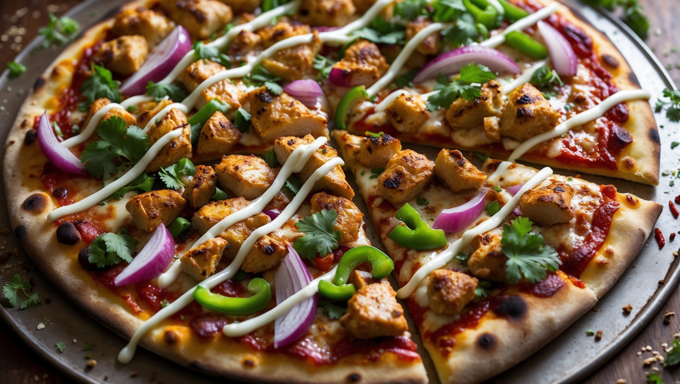 An overhead shot of a perfectly round Chicken Kebab Pizza with a golden-brown, slightly charred crust. The pizza is sliced into triangular pieces with one slice slightly pulled away, revealing the stretchy melted cheese. Succulent chunks of spice-rubbed chicken kebab meat are scattered across the surface, interspersed with vibrant red onions, bright green bell peppers, and sprinkles of fresh cilantro. Drizzles of creamy garlic yogurt sauce zigzag across the top, creating striking white lines against the colorful backdrop. The pizza rests on a rustic wooden pizza peel, with scattered herbs and spices around the edges, all captured in warm, natural lighting that highlights the glistening surface of the toppings.