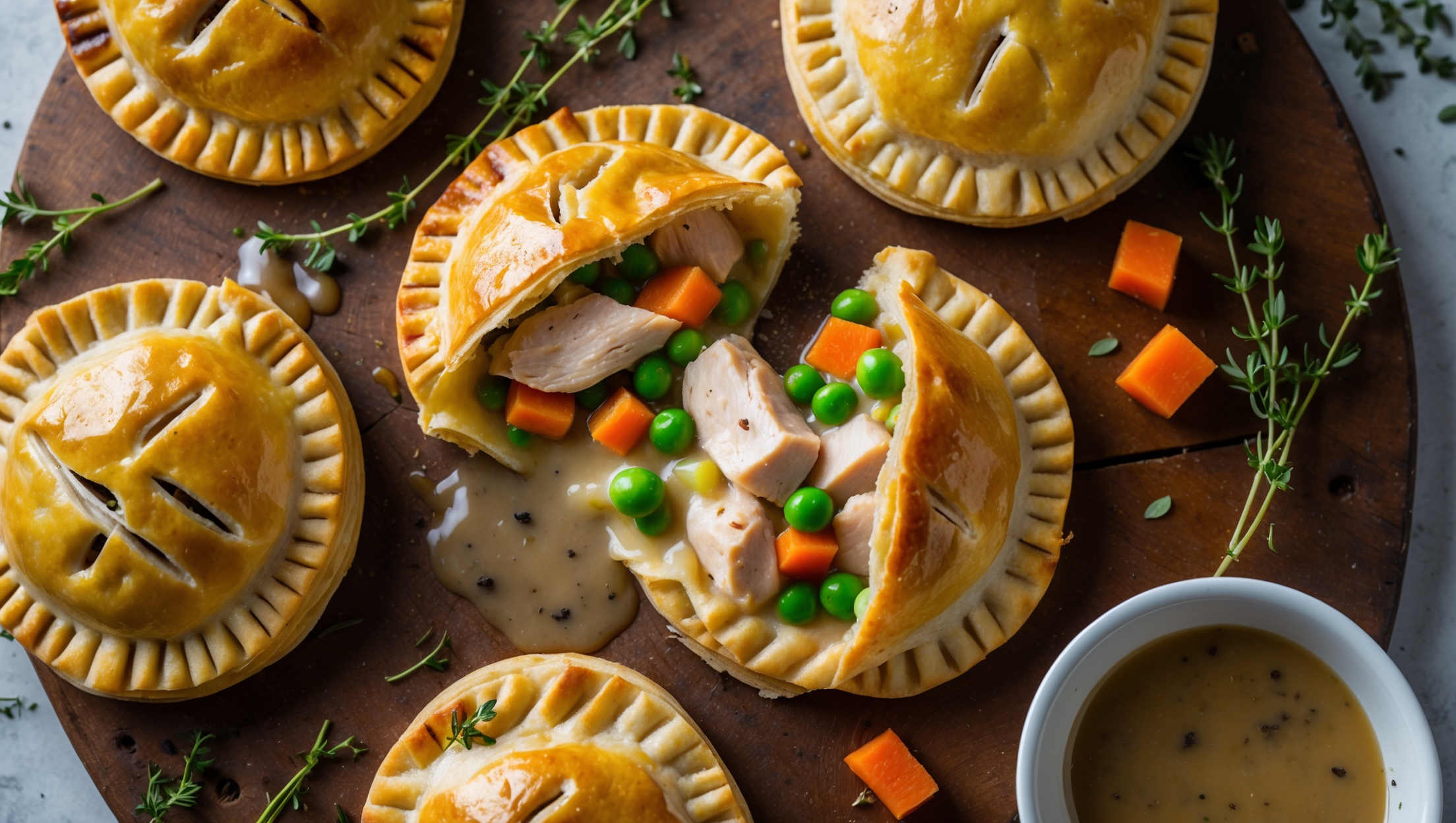 Overhead shot of golden-brown hand pies arranged on a rustic wooden serving board, with one broken open to reveal the steaming chicken and vegetable filling spilling out. Soft natural light highlights the flaky pastry layers and glistening filling. Close-up details show the fork marks crimping the edges and the egg wash sheen on the perfectly baked crust. Scattered fresh thyme sprigs and a small bowl of additional gravy for dipping complete the composition, while specks of black pepper and fresh herbs are visible in the creamy filling that contains tender chicken, bright green peas, and orange carrot pieces.