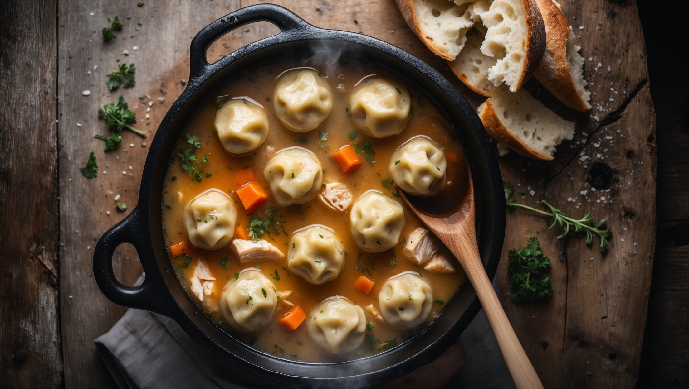 An overhead shot of a rustic cast-iron Dutch oven filled with a steaming chicken and dumpling stew, the surface dotted with plump, golden-brown dumplings nestled among chunks of tender chicken and colorful vegetables. Soft natural light catches the glossy, herb-flecked surface of the broth, highlighting its velvety texture. A wooden spoon rests against the pot's rim, with a few drops of rich broth clinging to its edge. The scene is completed with scattered fresh herbs, cracked black pepper, and a torn piece of crusty bread on a weathered wooden table, inviting the viewer to dive in and savor this comforting classic.