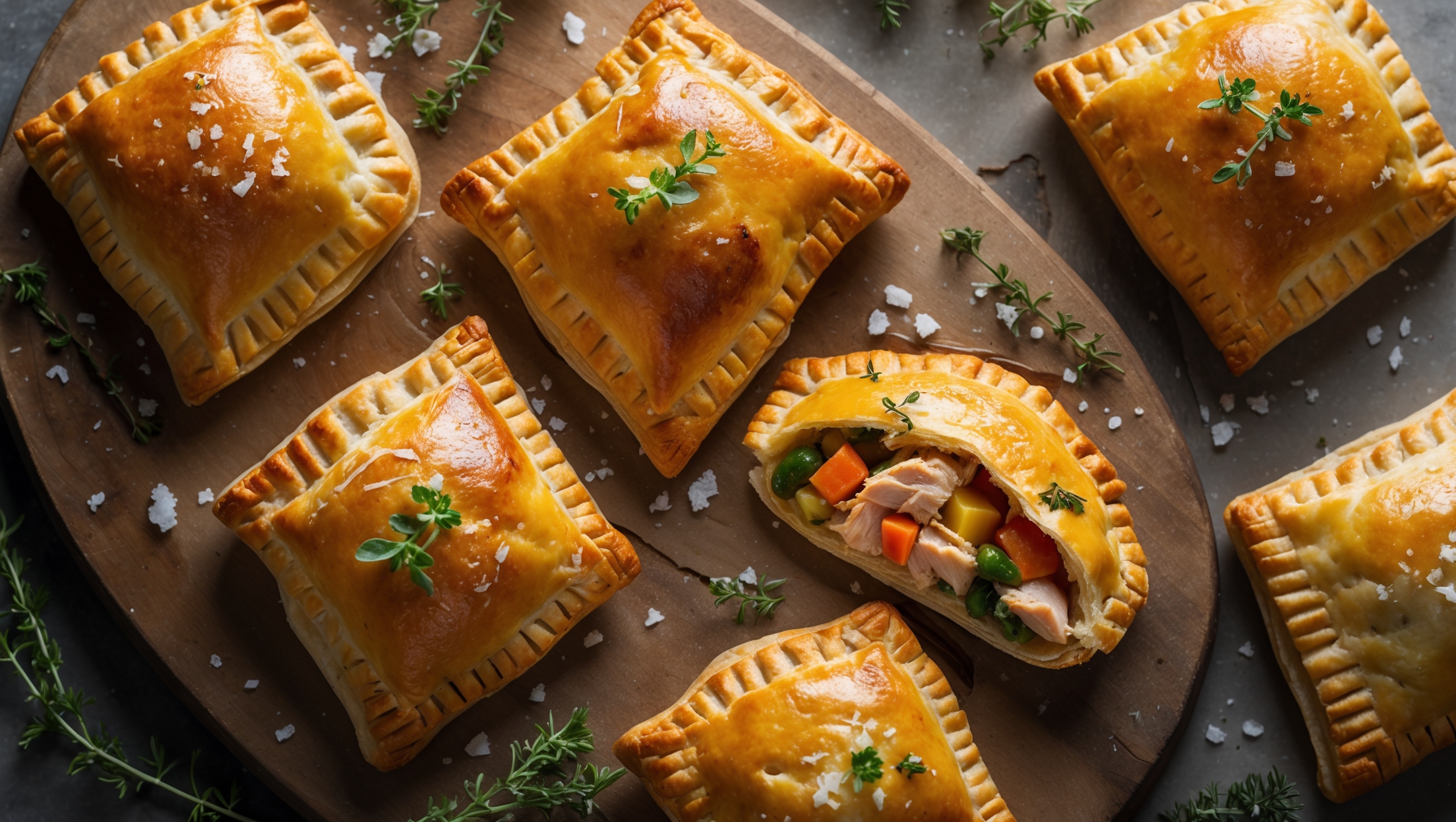 An overhead shot showcasing four golden-brown chicken hand pies arranged on a rustic wooden serving board, with one cut open to reveal the steaming chicken and vegetable filling. Soft natural light streams in from the side, highlighting the flaky pastry layers and glistening egg-washed crust. Small flakes of sea salt and fresh thyme sprigs garnish the pies, while a scattering of fresh herbs and whole peppercorns frame the composition. The cross-section reveals chunks of tender chicken, colorful vegetables, and herb-infused sauce encased in beautiful layers of buttery pastry, with steam rising to indicate they're fresh from the oven.