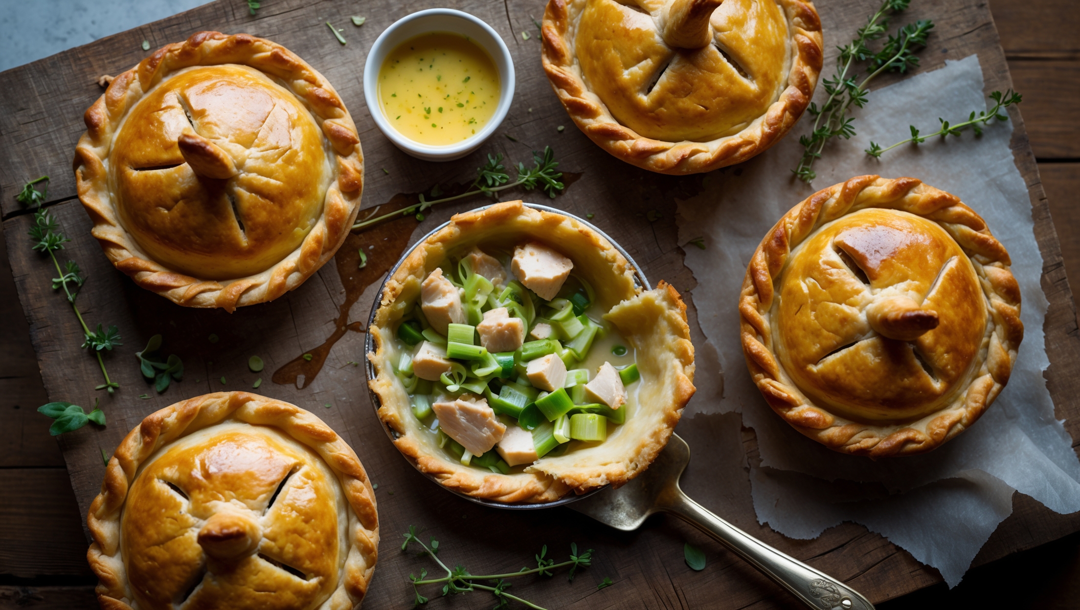 An overhead shot of four golden-brown individual chicken and leek pies on a rustic wooden board, with one pie cut open to reveal the creamy filling studded with chunks of chicken and vibrant green leeks. Steam rises gently from the exposed filling, captured in soft natural light that highlights the flaky pastry layers and burnished egg-washed tops. Scattered fresh thyme sprigs and a small ramekin of extra sauce add depth to the composition, while a vintage pie server rests alongside, ready for serving. The warm color palette emphasizes the comforting nature of these homemade pies, with their perfectly crimped edges and distinctive steam vents cut into their tops.