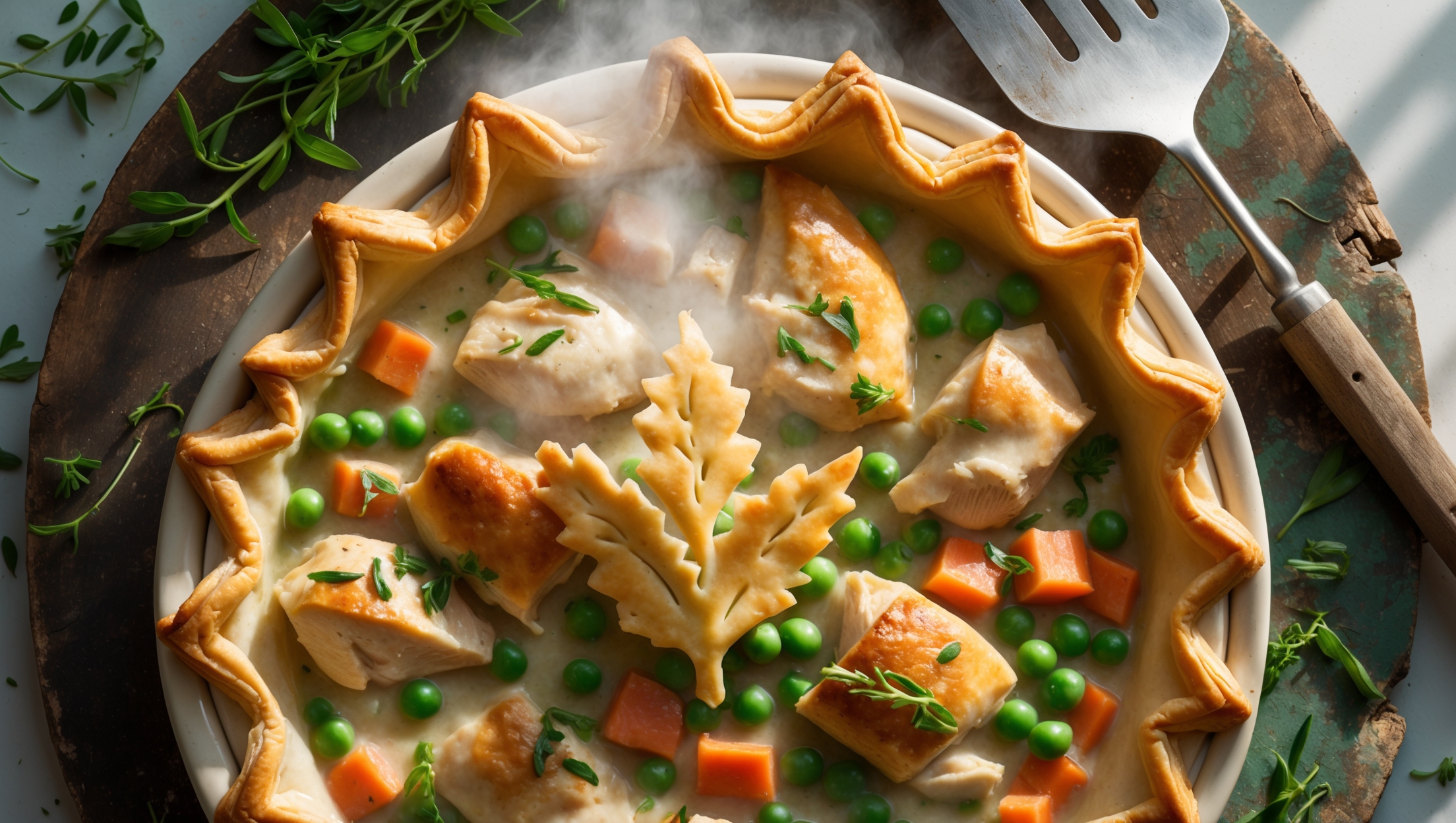 An overhead shot of a golden-brown Chicken and Tarragon Pie with steam escaping from a decorative leaf-shaped pastry vent cut in the center. The flaky, butter-brushed crust shows delicate layers and a perfectly crimped edge resting in a ceramic pie dish. A cross-section reveals succulent chunks of chicken, vibrant green peas, and carrots bathed in a creamy sauce flecked with fresh tarragon. Soft natural light streams in from a window, highlighting the pie's glistening surface and rustic appeal, while scattered fresh tarragon sprigs and a vintage serving spatula rest nearby on a weathered wooden board.
