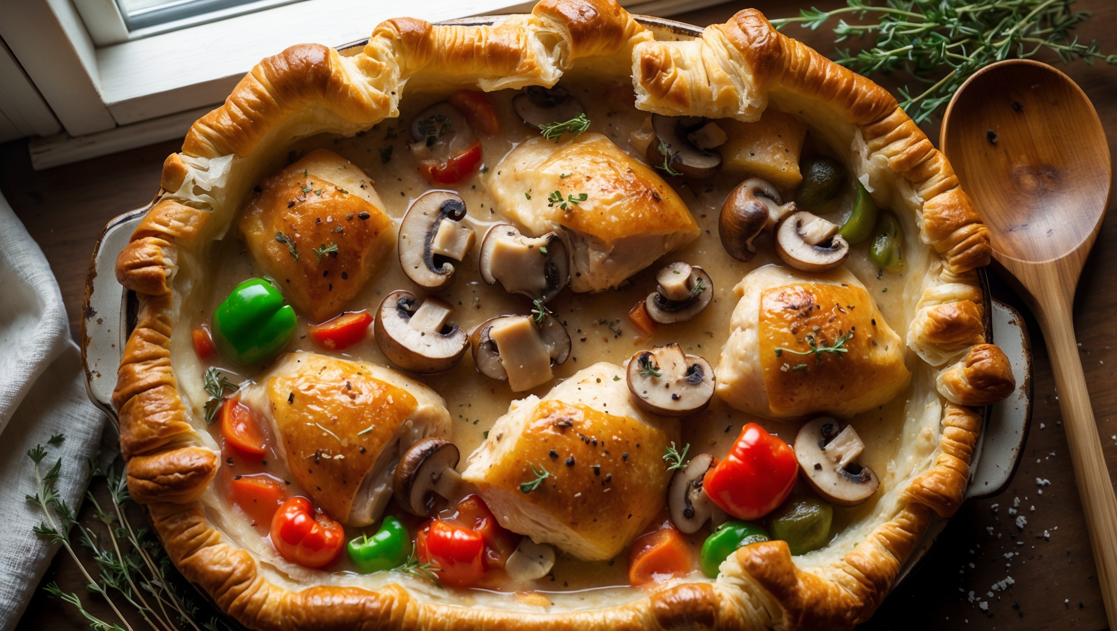 An overhead shot of a bubbling Chicken à la King Casserole in a rustic ceramic baking dish, capturing the moment it emerges from the oven with its golden-brown puff pastry top cracked in places to reveal the creamy sauce beneath. Soft natural window light highlights the vibrant red and green bell peppers and plump mushroom pieces nestled among chunks of juicy chicken. A wooden serving spoon rests alongside, ready to break through the crisp pastry into the steaming filling. Fresh thyme sprigs and a scatter of cracked black pepper add visual interest, while the warm, inviting colors create a sense of homey comfort with refined elegance.