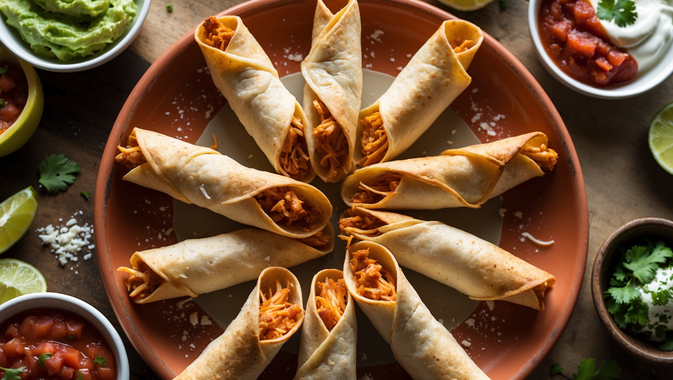 An overhead shot of golden-brown chicken taquitos arranged in a fan pattern on a rustic terracotta serving platter, with visible threads of shredded chicken and melted cheese peeking out from the rolled ends. A soft natural light casts gentle shadows highlighting the crispy, textured exterior of each taquito. Surrounding the platter are small bowls of vibrant accompaniments—bright green guacamole, ruby-red salsa, and a dollop of sour cream garnished with fresh cilantro. Scattered lime wedges and a sprinkle of cotija cheese complete the scene, while a wooden table surface adds warmth to the composition, emphasizing the homemade quality of these baked, not fried, Mexican-inspired treats.