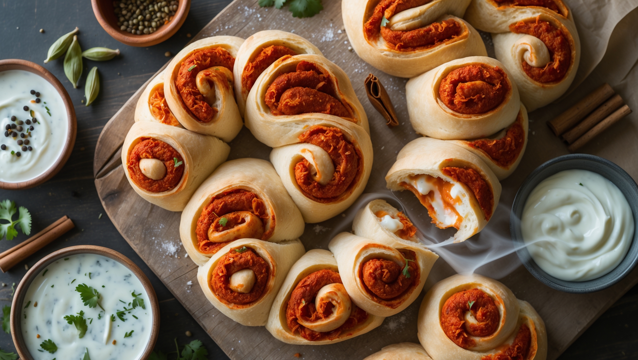 An overhead shot of spiral-shaped bread rolls revealing vibrant orange-red swirls of chicken tikka masala spices against a creamy dough background. The bread is photographed on a rustic wooden board with soft natural light highlighting the golden, slightly burnished crust. Small bowls of yogurt dip, fresh cilantro, and scattered whole spices (cardamom pods, cinnamon sticks, cumin seeds) frame the composition. A cross-section view shows the delicate layers of spiced dough with pockets of melted cheese and specks of red chili. Steam rises gently from a freshly broken roll, emphasizing its warm, just-baked quality and releasing the characteristic aroma of garam masala.