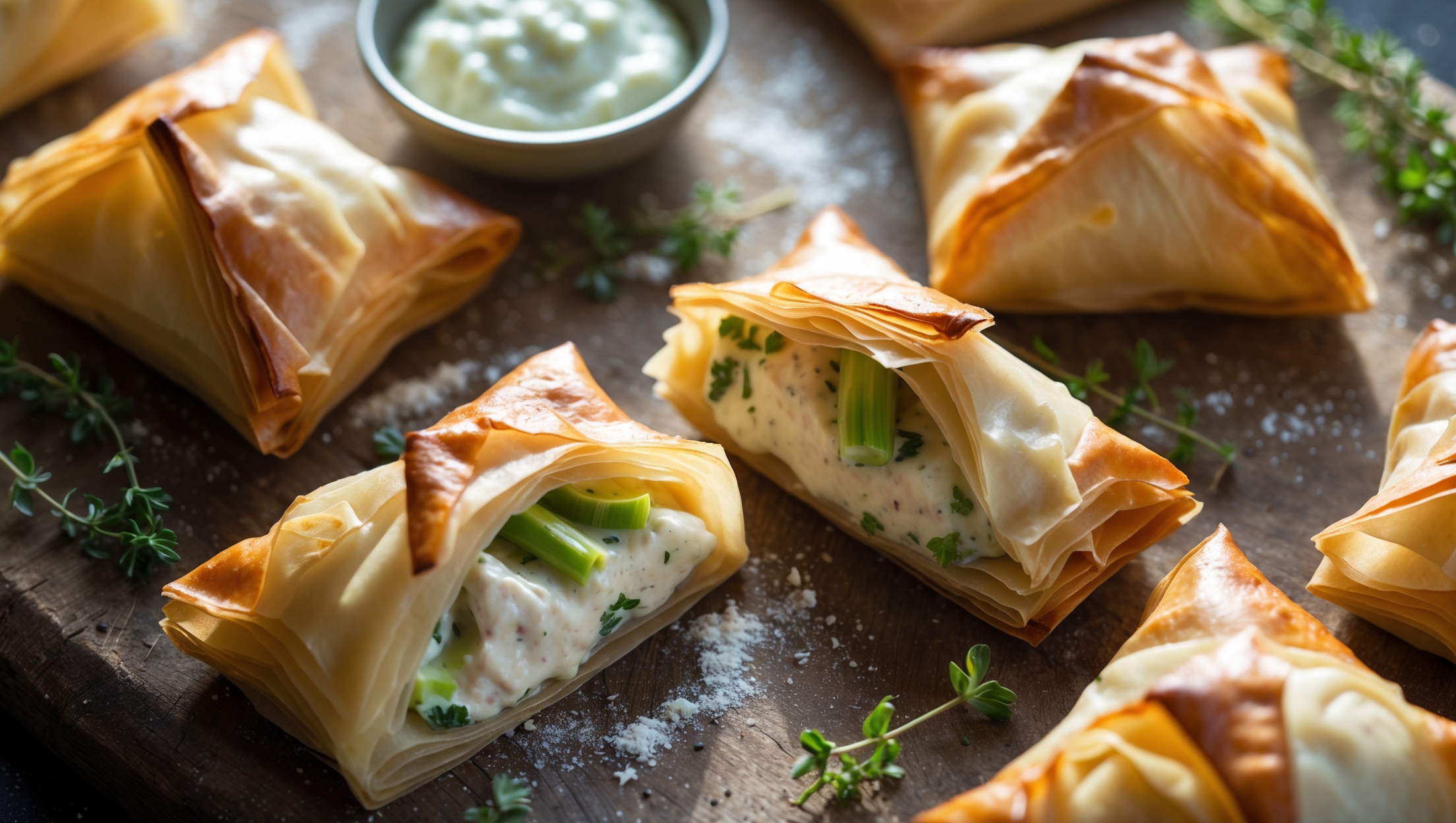 An overhead shot of golden-brown phyllo parcels arranged on a rustic wooden board, with one parcel cut open to reveal the creamy chicken and leek filling inside. Soft natural light streams across the scene, highlighting the flaky, crisp layers of pastry and the steam rising from the freshly baked parcels. A scattering of fresh thyme and a small bowl of creamy dipping sauce sit alongside, while specks of black pepper and a subtle dusting of flour on the board add rustic charm. The parcels' edges are beautifully ruffled, showing the delicate layers of phyllo, with the filling's creamy white sauce and flecks of green leek visible through the cross-section.