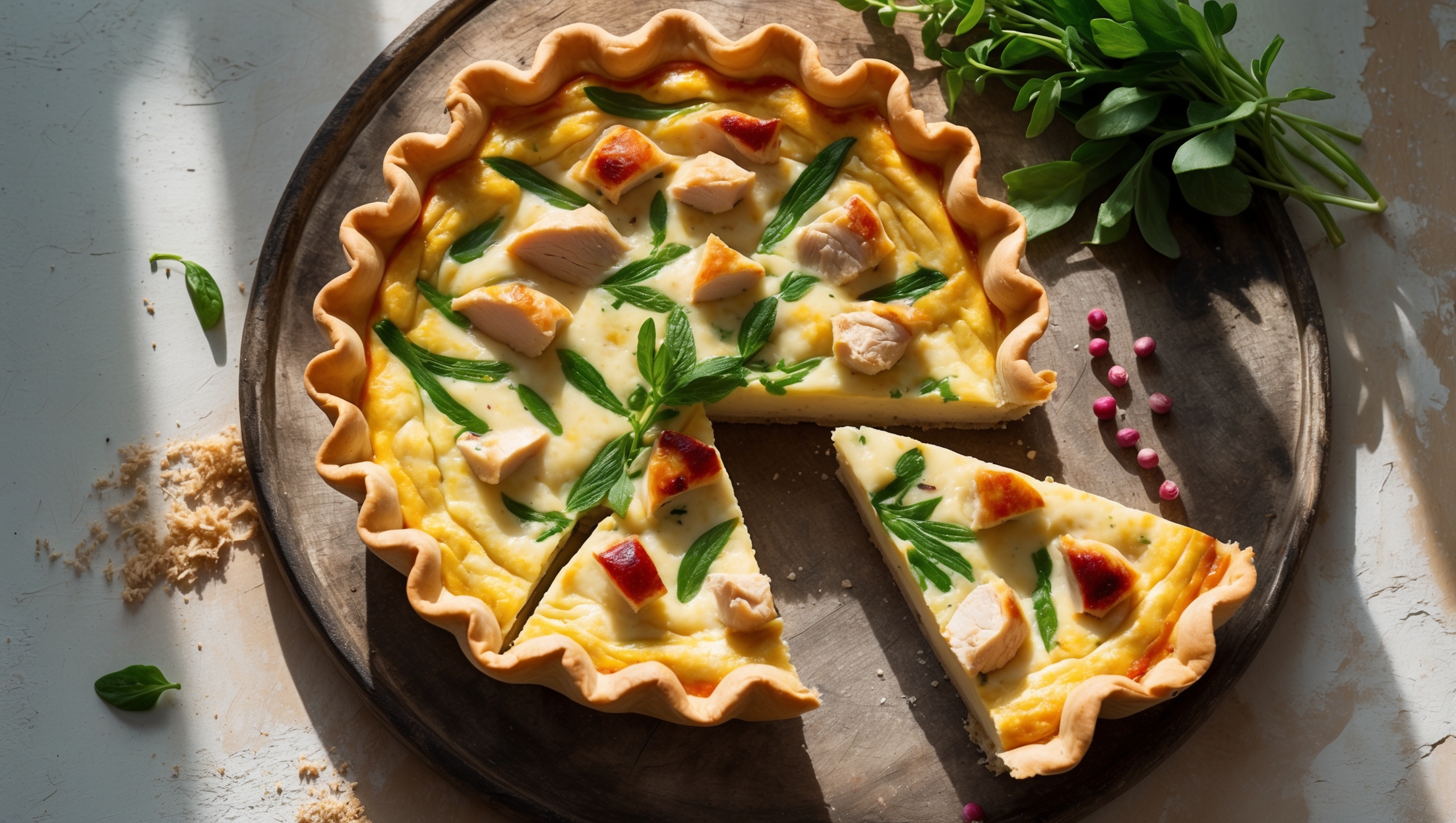 An overhead shot of a golden-brown Chicken and Tarragon Quiche with a beautifully crimped edge, cut to reveal a perfectly set custard studded with chunks of roasted chicken and flecks of vibrant green tarragon. Soft natural light streams across the scene, highlighting the flaky layers of the shortcrust pastry and the creamy texture of the filling. The quiche sits on a weathered wooden board, accompanied by a small bouquet of fresh tarragon and a scatter of pink peppercorns. A slice has been removed to showcase the moist interior and clean cut lines, with melted Gruyère cheese creating tempting strands between pieces.