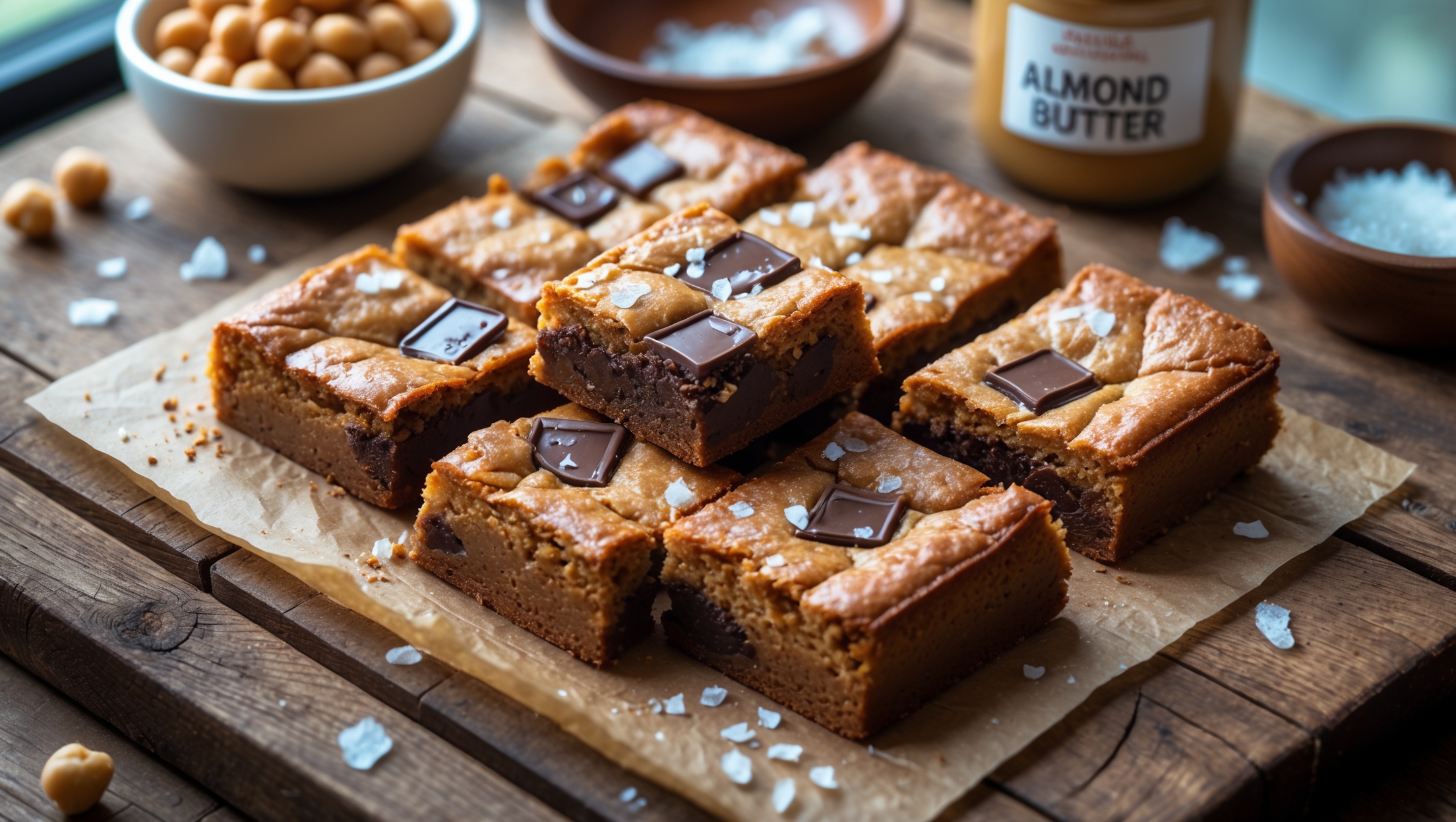 An overhead shot of golden-brown chickpea blondies cut into perfect squares on a rustic wooden board, with one piece lifted slightly to reveal its dense, fudgy center. Melted chocolate chunks create pockets of richness throughout the blondies, while sea salt flakes catch the soft natural light streaming through a kitchen window. A small bowl of chickpeas and a jar of almond butter sit in the background, hinting at the secret healthy ingredients. The warm color palette of caramel, vanilla, and chocolate is enhanced by a sprinkle of flaky sea salt on top, creating beautiful texture contrasts in this unexpected plant-based treat.