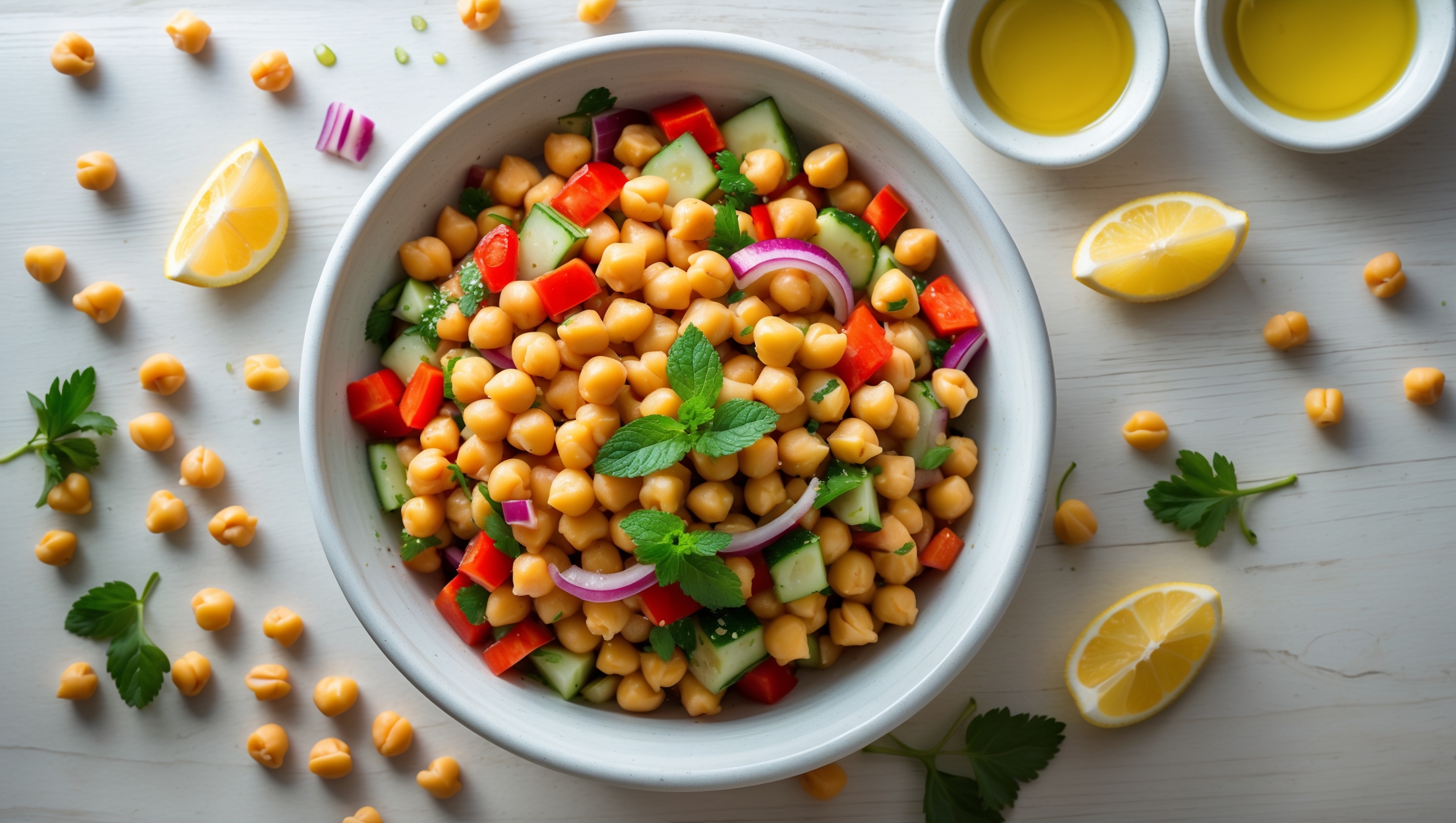 An overhead shot of a vibrant chickpea salad served in a shallow, white ceramic bowl on a light wooden table. The salad showcases the golden chickpeas nestled among diced red peppers, cucumber chunks, red onion slivers, and flecks of bright parsley and mint. A drizzle of olive oil catches the soft natural light, creating a subtle sheen across the dish. Scattered around the bowl are lemon wedges, a small dish of extra virgin olive oil, and a few stray chickpeas and herb leaves, suggesting casual abundance. The contrast between the yellows, reds, purples, and greens creates a visually appealing mosaic that highlights the Mediterranean-inspired freshness of the salad.