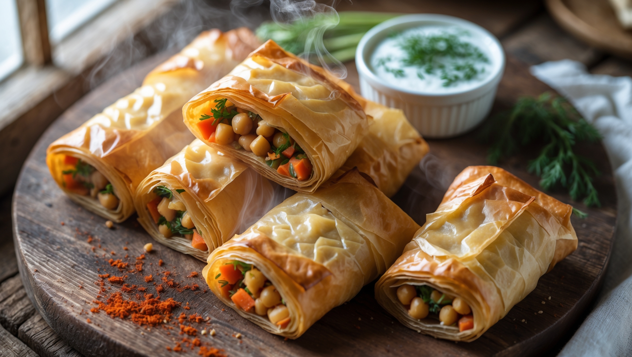 An overhead shot showcases a rustic wooden board presenting five golden-brown phyllo rolls, cut diagonally to reveal the colorful vegetable and chickpea filling inside. Soft natural light streams from a side window, highlighting the flaky, multiple layers of the crisp pastry exterior. Close-up details capture steam escaping from a freshly-cut roll, with bits of chickpeas, carrots, and fresh herbs visible within the filling. A small ramekin of yogurt dipping sauce topped with dill sits alongside the arrangement, while scattered fresh herbs and a light dusting of paprika add vibrancy to the composition. The contrast between the amber-toned, shatteringly crisp exterior and the hearty, colorful filling creates an inviting texture study.