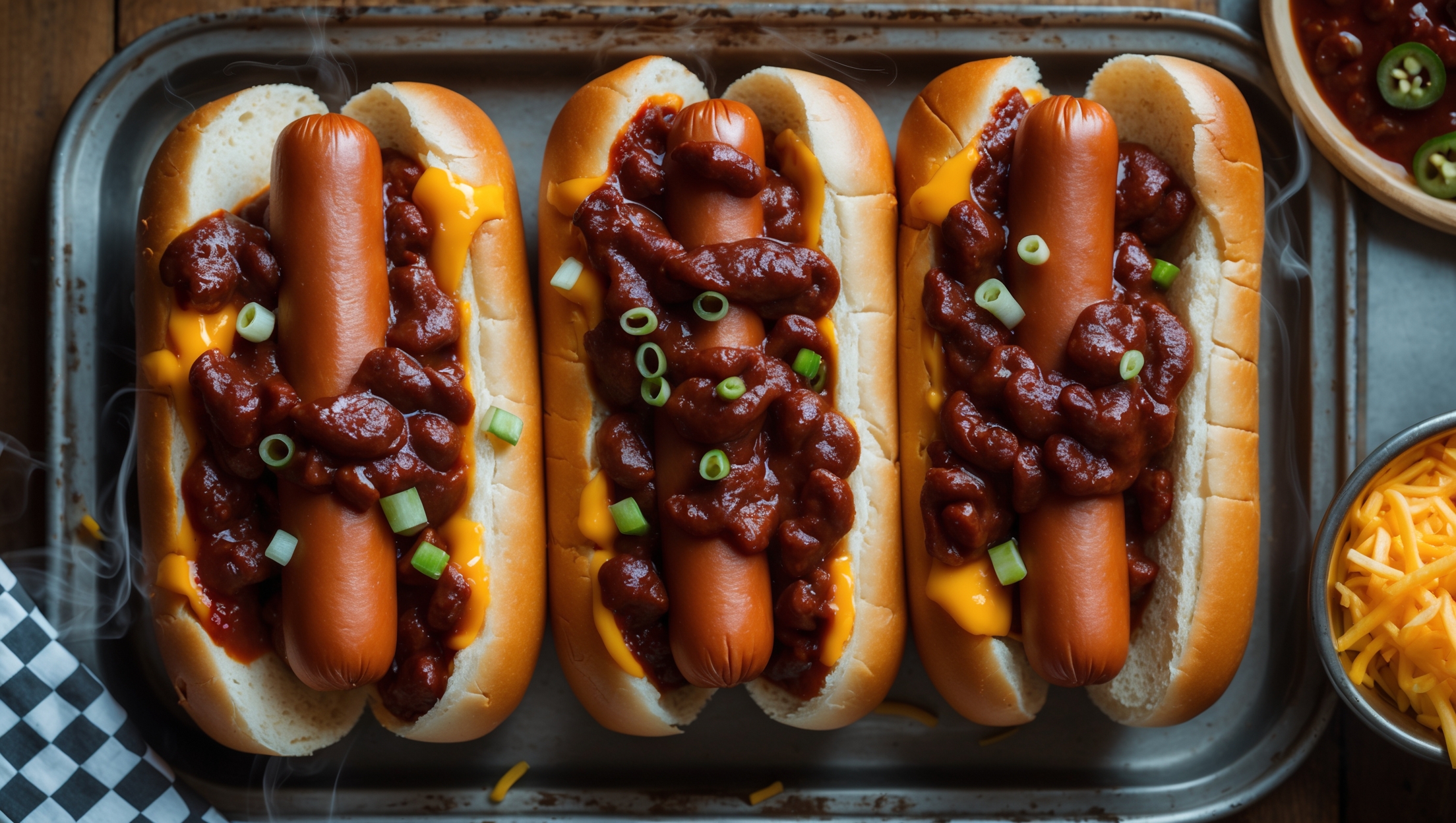 An overhead shot captures a row of three chili dogs on a rustic metal tray, each nestled in their golden-brown homemade buns. The frankfurters peek out beneath a generous ladling of rich, dark-red chili that cascades down the sides. Melted cheddar cheese glistens under soft natural light, while scattered green onions provide vibrant contrast against the deep red sauce. In the corner of the frame, a small bowl of additional chili sits alongside a cutting board with sliced jalapeños and grated cheese, suggesting customization options. Steam rises subtly from the chili, hinting at their freshly-served warmth, while a checkered napkin adds a classic diner aesthetic to this comfort food presentation.