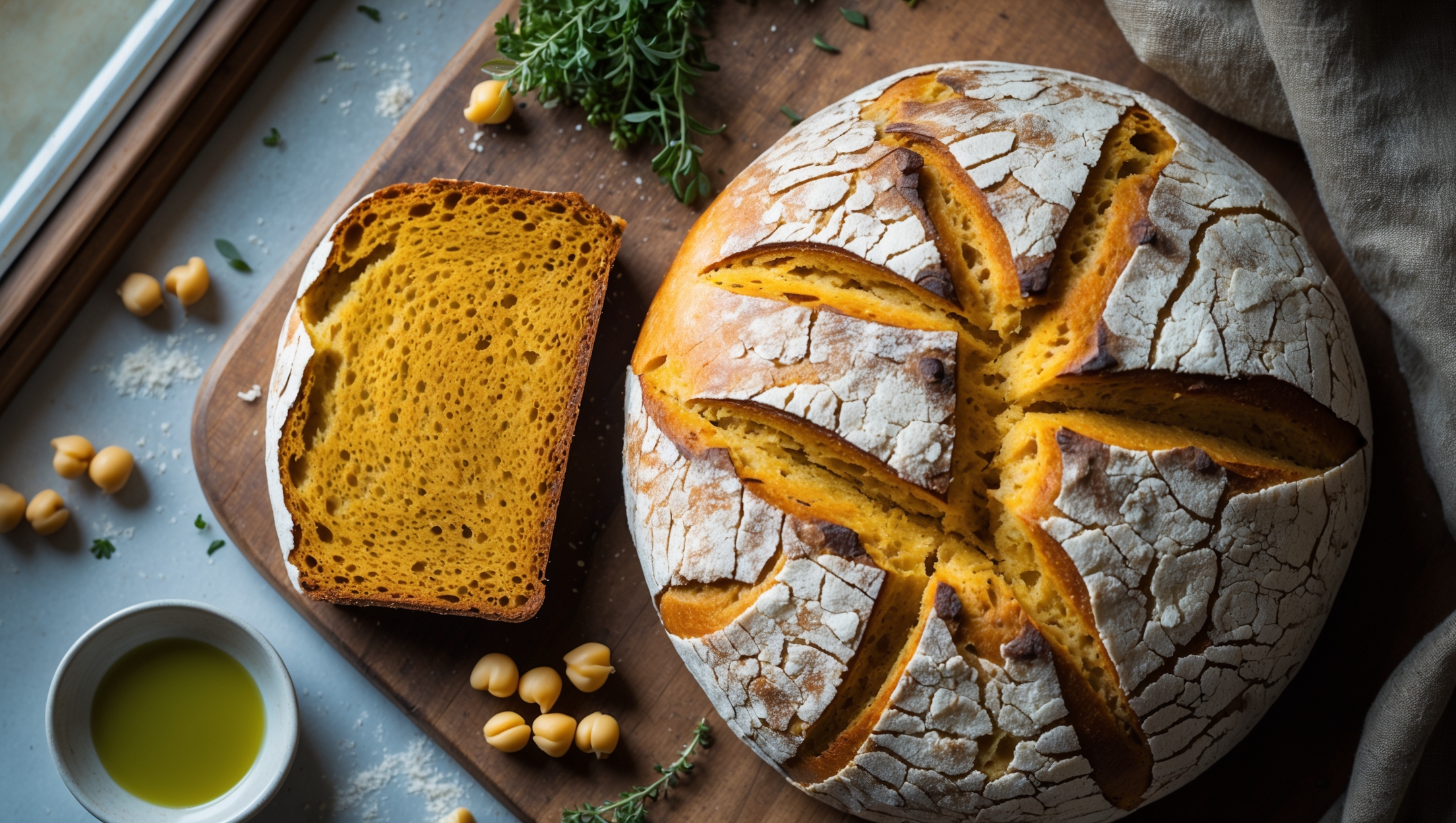 An overhead shot of a rustic loaf of golden-brown chickpea flour bread resting on a wooden cutting board, with one thick slice cut to reveal its tender, slightly dense crumb. Soft natural light streams in from a nearby window, highlighting the bread's textured crust and subtle yellow hue from the chickpea flour. A small dish of olive oil, a scatter of fresh herbs, and a few whole chickpeas surround the loaf as styling elements, while a linen napkin in earth tones adds warmth to the composition. The distinctive crackled top surface shows a light dusting of flour, emphasizing the artisanal quality of this gluten-free creation.