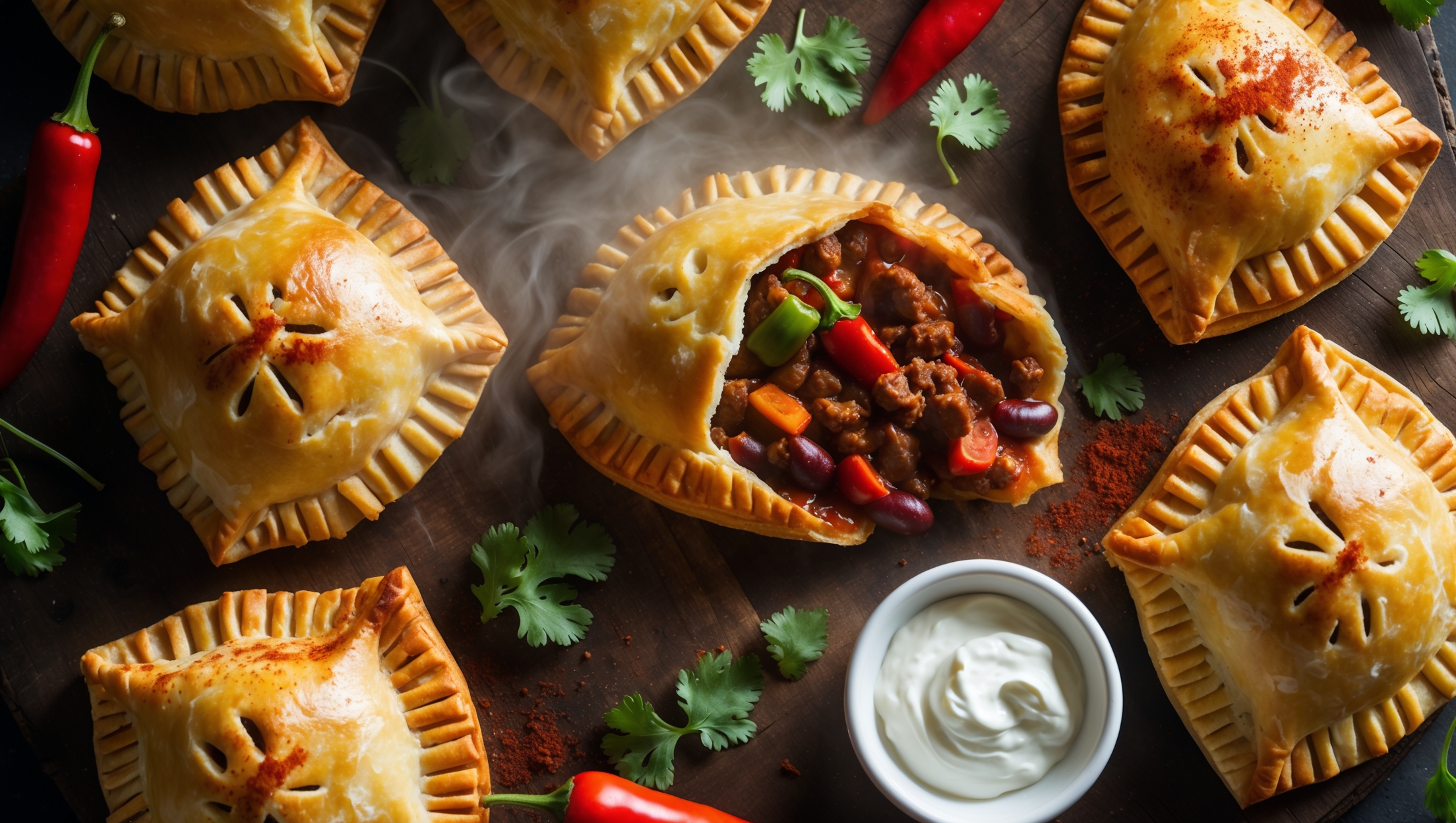 An overhead shot of golden-brown chili hand pies arranged on a rustic wooden board, with one pie broken open to reveal the rich, saucy chili filling studded with meat, beans and colorful peppers. Soft natural light highlights the flaky, butter-speckled pastry layers that curl delicately at the edges. Scattered around the composition are fresh cilantro leaves, a small bowl of sour cream, and vibrant red chili peppers for color contrast. A gentle dusting of paprika on the crusts provides a warm reddish hue, while steam visibly rises from the freshly baked pies, suggesting their comforting warmth and aromatic spices.