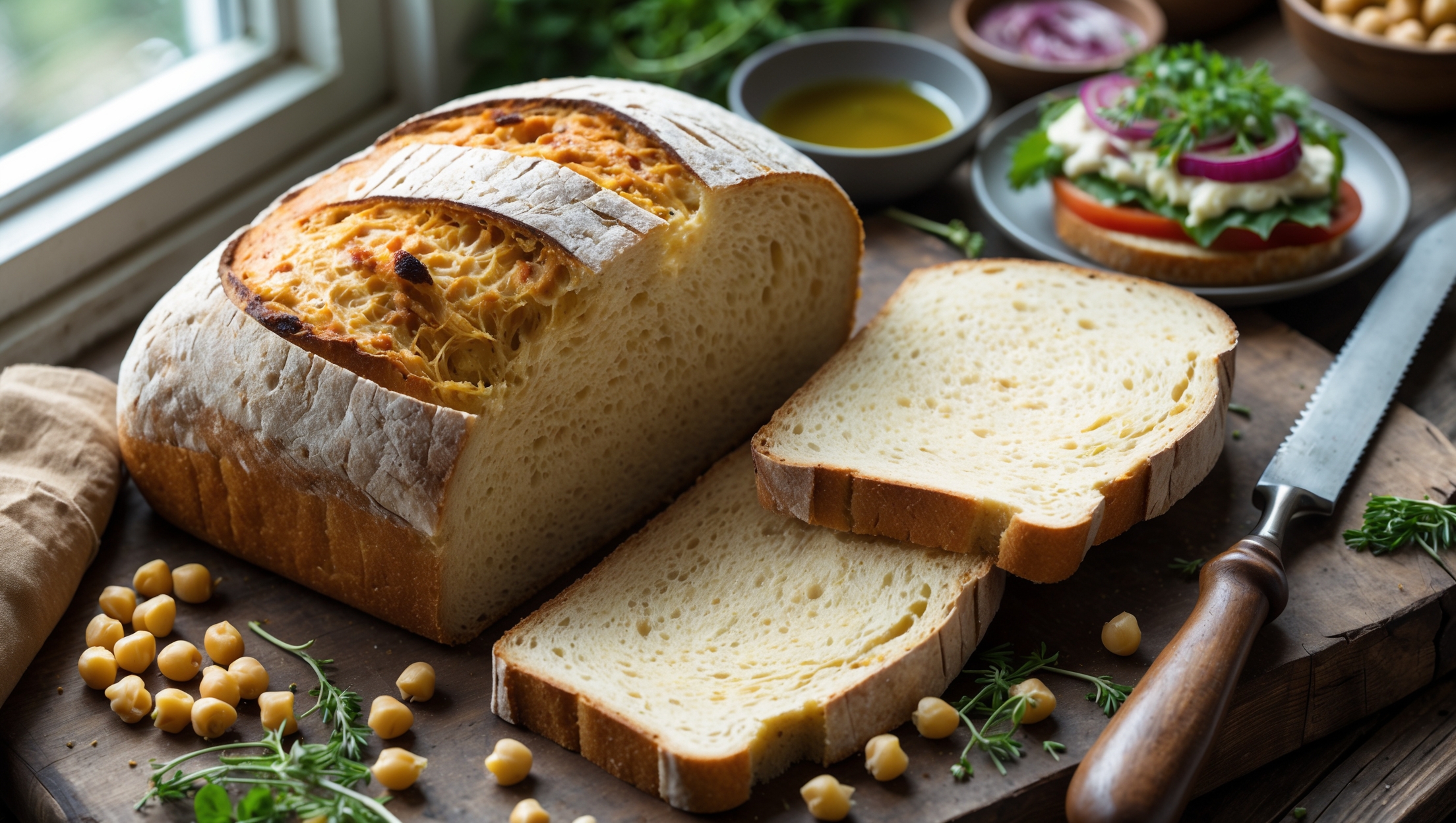 An overhead shot of a perfectly sliced loaf of chickpea flour sandwich bread on a rustic wooden cutting board, with one slice propped against the loaf revealing its even, tender crumb structure. The bread's golden-brown crust contrasts beautifully with its light yellow interior in soft natural window light. Surrounding the bread are scattered chickpeas, fresh herbs, and a small bowl of olive oil, while a sandwich made with the bread sits nearby, filled with vibrant vegetables and spreads. A vintage bread knife rests alongside, emphasizing the bread's perfect height and structure for sandwiches.