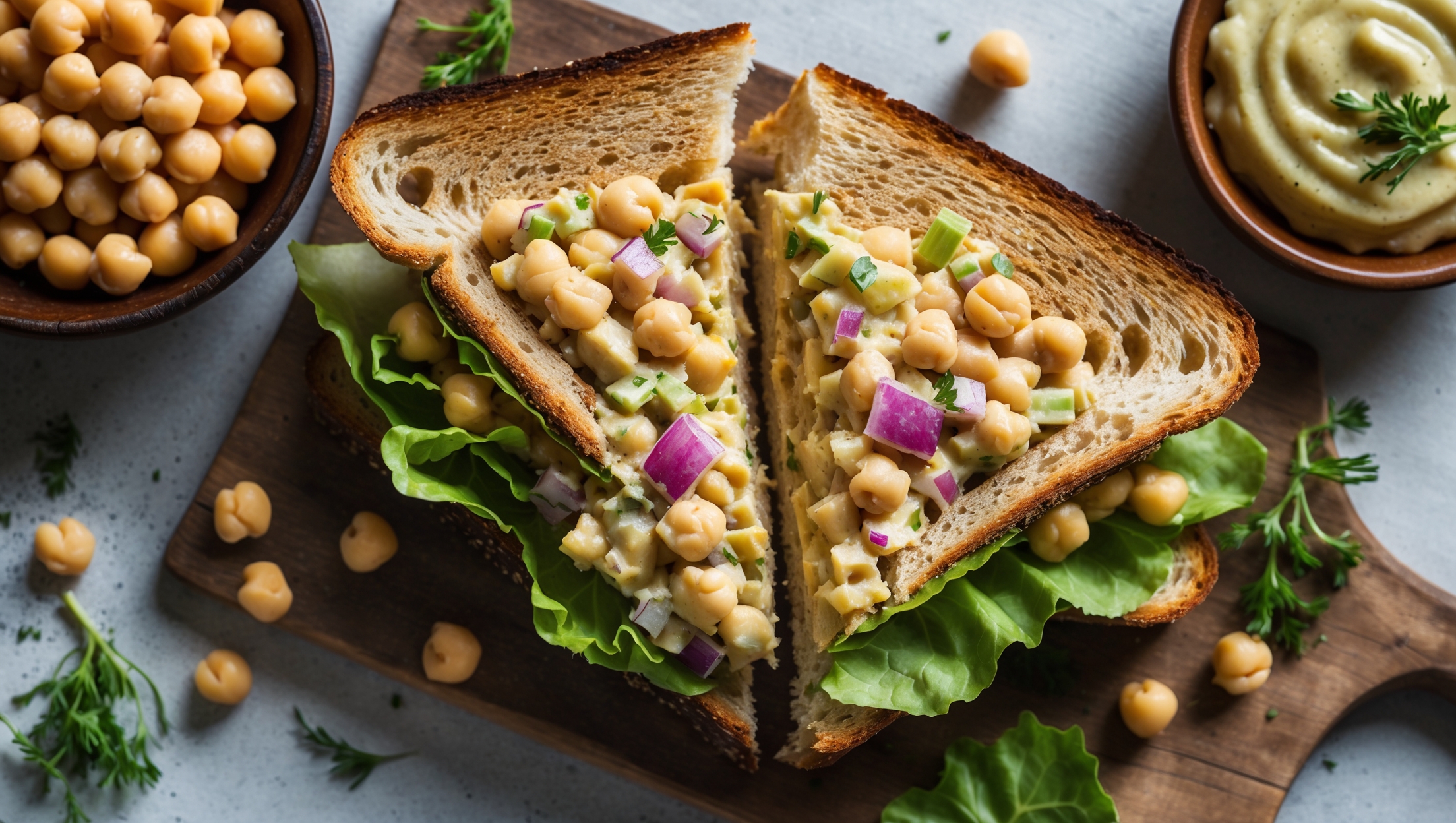 An overhead shot of a Chickpea Salad Sandwich cut diagonally on a rustic wooden board, revealing the chunky, textured filling speckled with red onions, celery, and fresh herbs. Soft natural light highlights the golden-brown toasted bread and the creamy, pale yellow chickpea mixture. A few chickpeas and herb sprigs are artfully scattered around the board, while a small bowl of additional chickpea salad sits alongside. The cross-section shows layers of crisp lettuce and vibrant chickpea filling, with a light drizzle of tahini sauce visible on the top slice of artisanal bread.