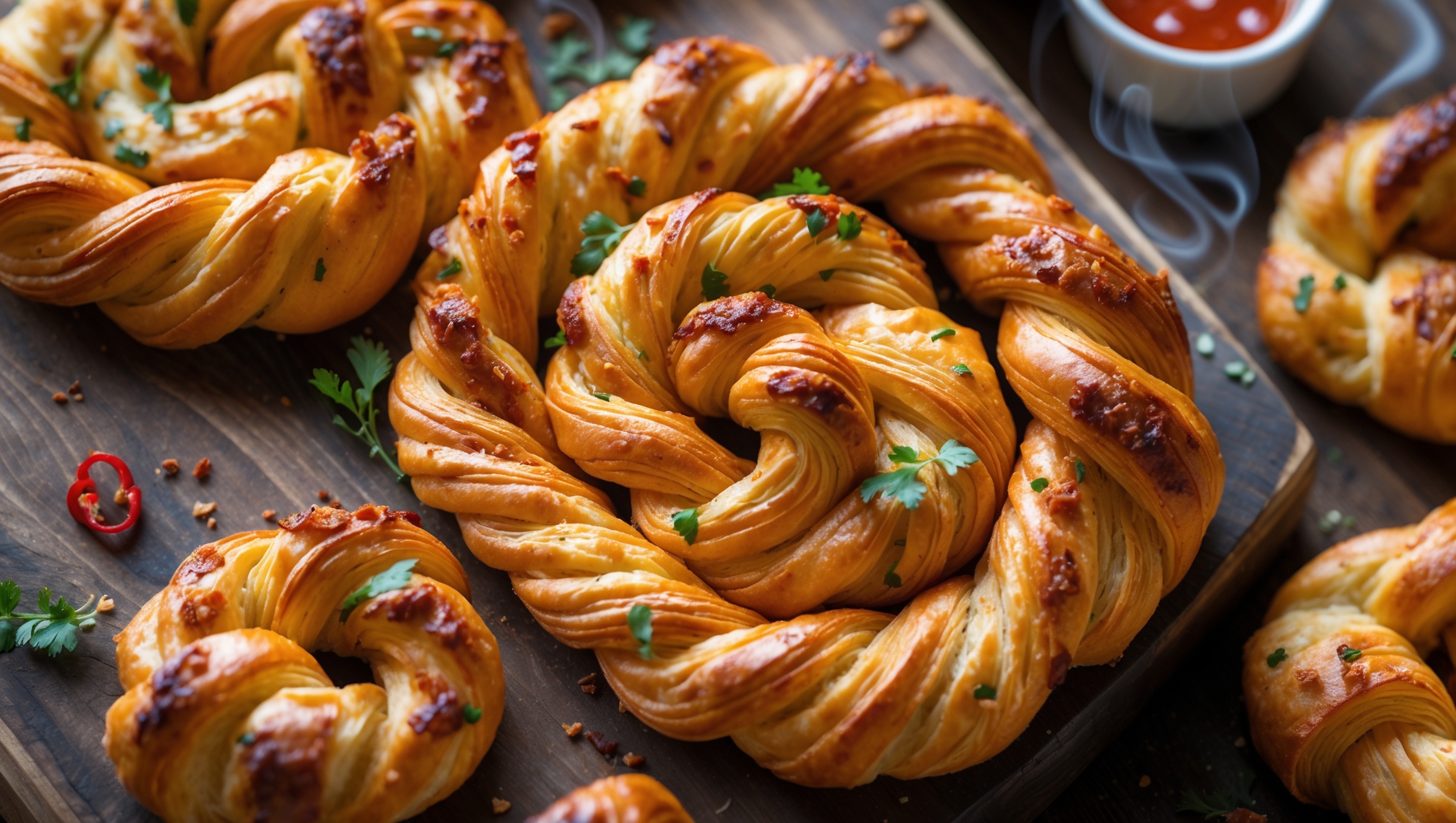 Overhead shot of golden-brown Chili Cheese Twists arranged in a spiral pattern on a rustic wooden serving board, with some standing vertically to showcase their perfect twist pattern. The soft natural light highlights the flaky layers and crystallized cheese bits that have caramelized during baking. Close-up details reveal flecks of red chili flakes and green herbs embedded in the twists, creating visual interest against the rich golden pastry. A small ramekin of spicy dipping sauce sits to one side, with a few twists artfully placed as if mid-dip. The warm amber tones of the pastry contrast beautifully with the deep wooden background and scattered herbs, while wispy tendrils of steam suggest they've just emerged from the oven.