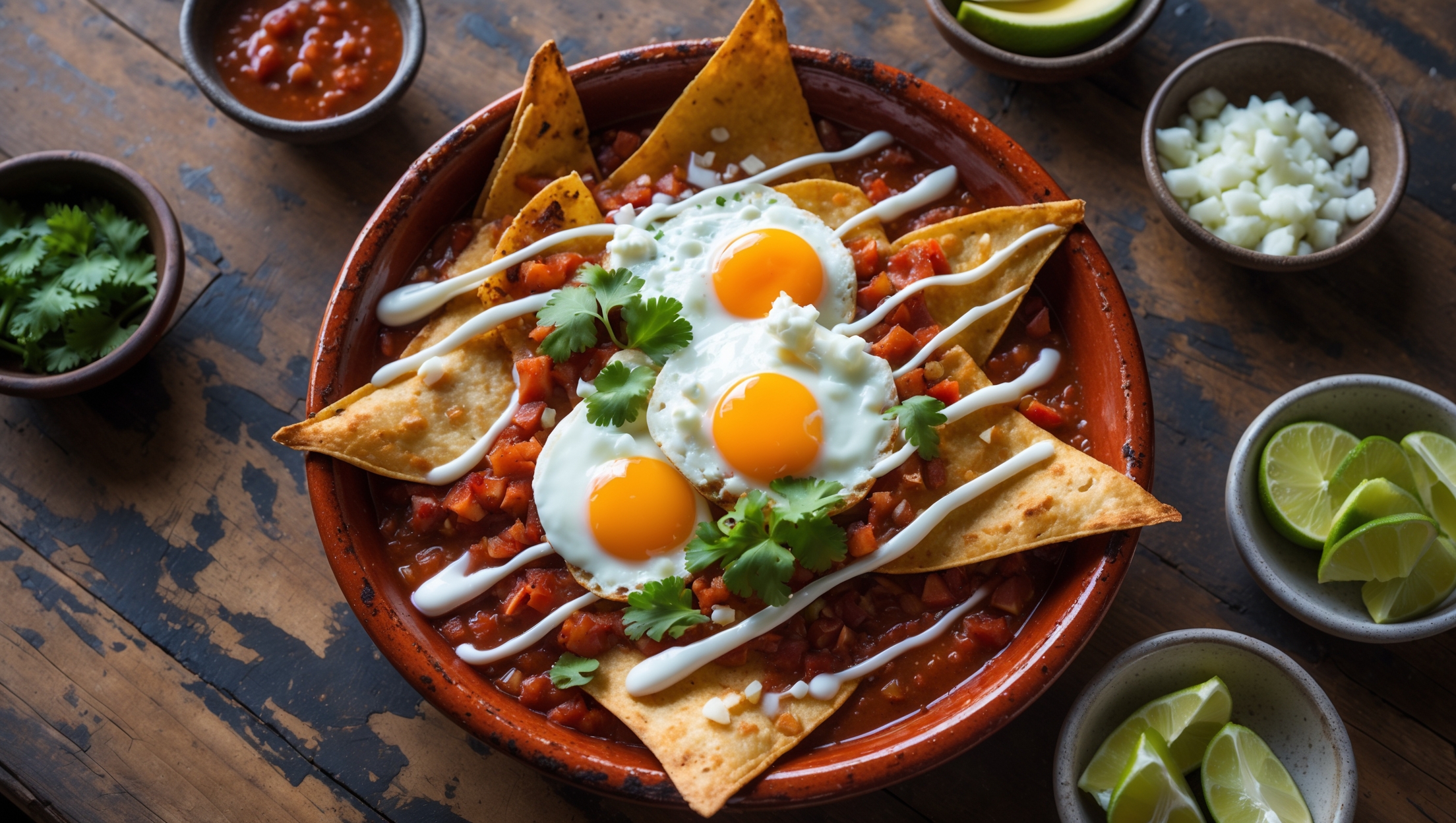 An overhead shot of a rustic earthenware dish filled with crispy, golden-edged baked tortilla triangles bathed in vibrant red salsa with charred flecks. Perfectly fried eggs with runny, sunset-orange yolks rest atop the chilaquiles, while crumbled queso fresco creates a stark white contrast against the deep red sauce. A drizzle of Mexican crema creates artistic white lines across the dish, with bright green cilantro and finely diced white onions scattered as garnish. The food is captured in warm morning light on a weathered wooden table, with small bowls of additional toppings, sliced avocado, and lime wedges positioned around the main dish, suggesting a communal breakfast experience.