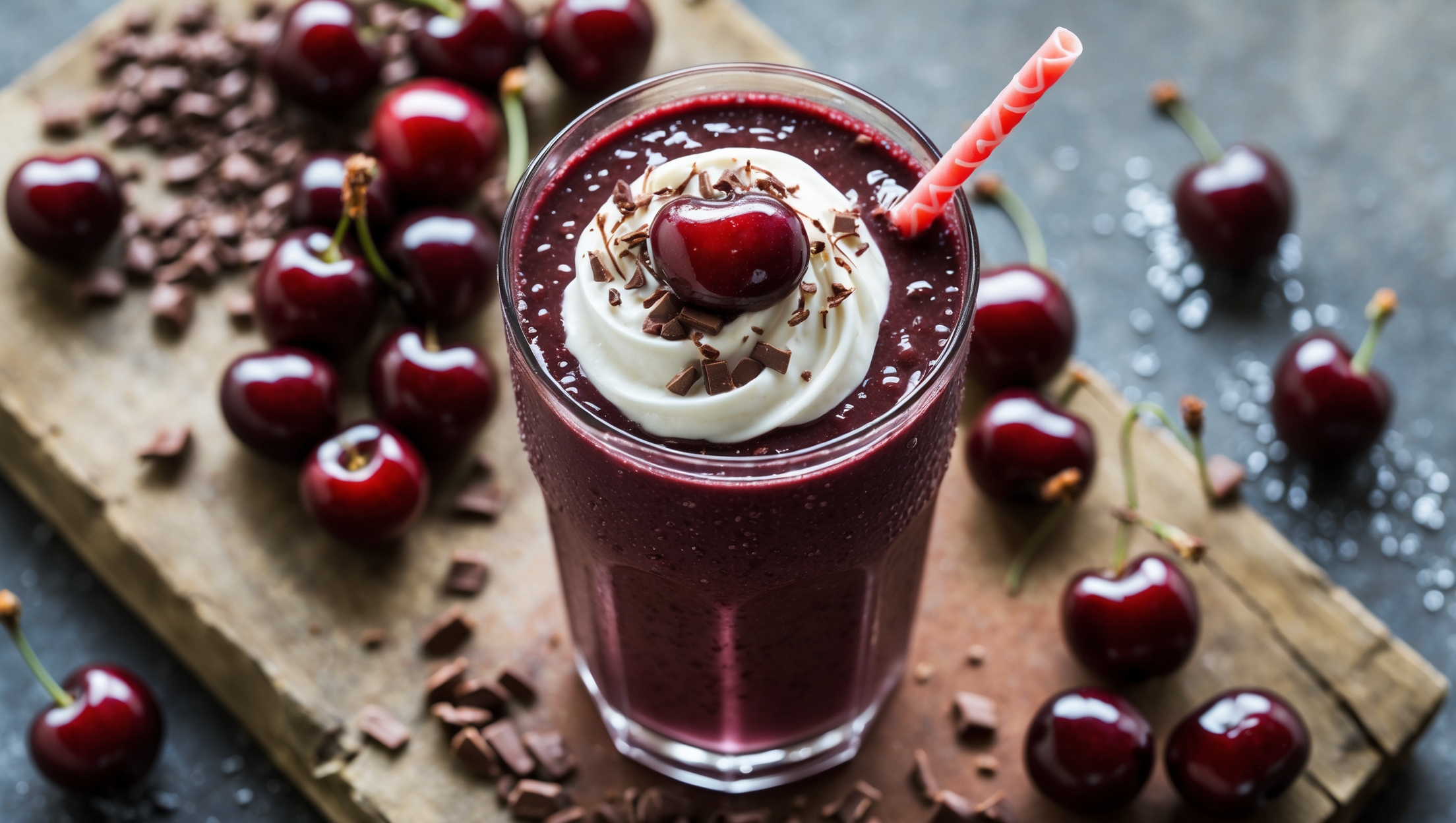 An overhead shot of a tall glass filled with a deep burgundy-chocolate smoothie, topped with a swirl of coconut cream and decorated with fresh cherries and chocolate shavings. The glass sits on a rustic wooden board beside scattered fresh cherries and cacao nibs, with a reusable straw tilted at an angle. Soft natural light highlights the contrast between the dark smoothie and bright red cherries, while condensation beads on the glass suggest refreshing coldness.