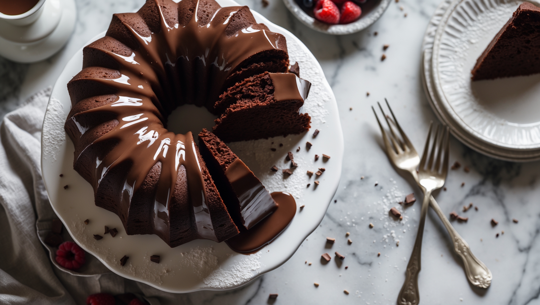 An overhead shot of a deeply brown chocolate bundt cake on a white ceramic cake stand, its distinctive fluted silhouette gleaming with thick, glossy chocolate ganache cascading down the ridges and pooling elegantly around the base. A cross-section slice reveals the cake's incredibly moist, dense crumb structure contrasted against the thin layer of shiny ganache. Soft natural window light highlights the cake's velvety texture, while scattered cocoa nibs and a light dusting of powdered sugar add artful dimension. The composition includes subtle background elements of fresh berries and vintage silver dessert forks on a marble surface, emphasizing the cake's sophisticated yet homey appeal.