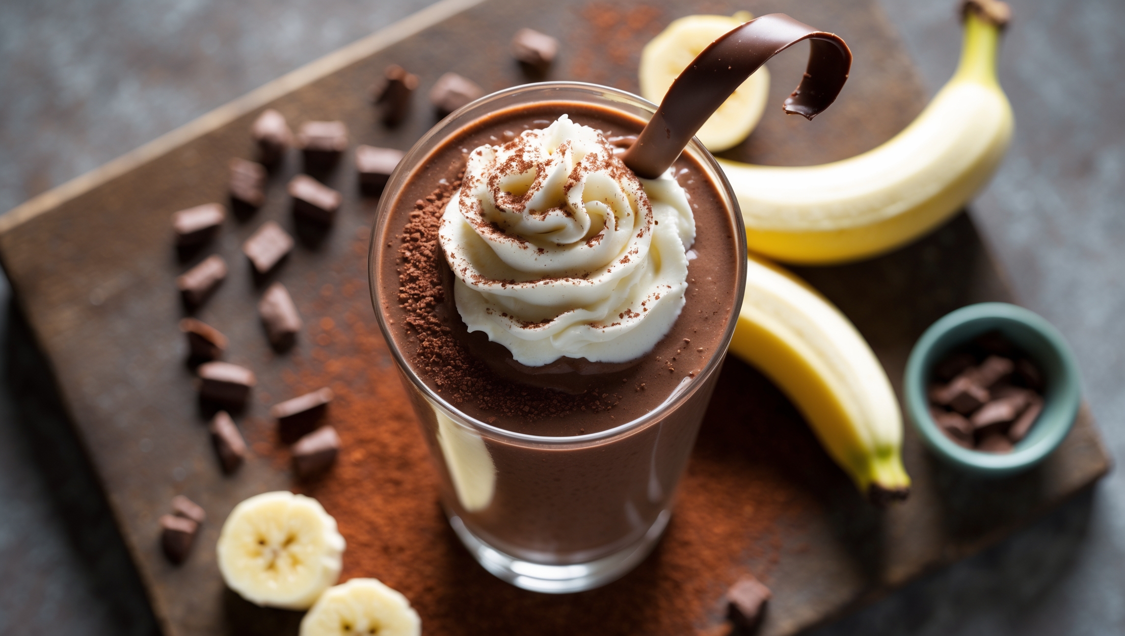 An overhead shot of a chocolate banana smoothie served in a tall clear glass, showcasing its thick, silky texture with a deep chocolate-brown color. A swirl of whipped cream tops the smoothie, dusted with cocoa powder and garnished with a slice of fresh banana and a chocolate curl. The glass sits on a rustic wooden board alongside scattered cacao nibs, a peeled banana, and a small bowl of chocolate shavings. Soft natural light highlights the creamy surface while casting gentle shadows that emphasize the smooth consistency and rich color variations.