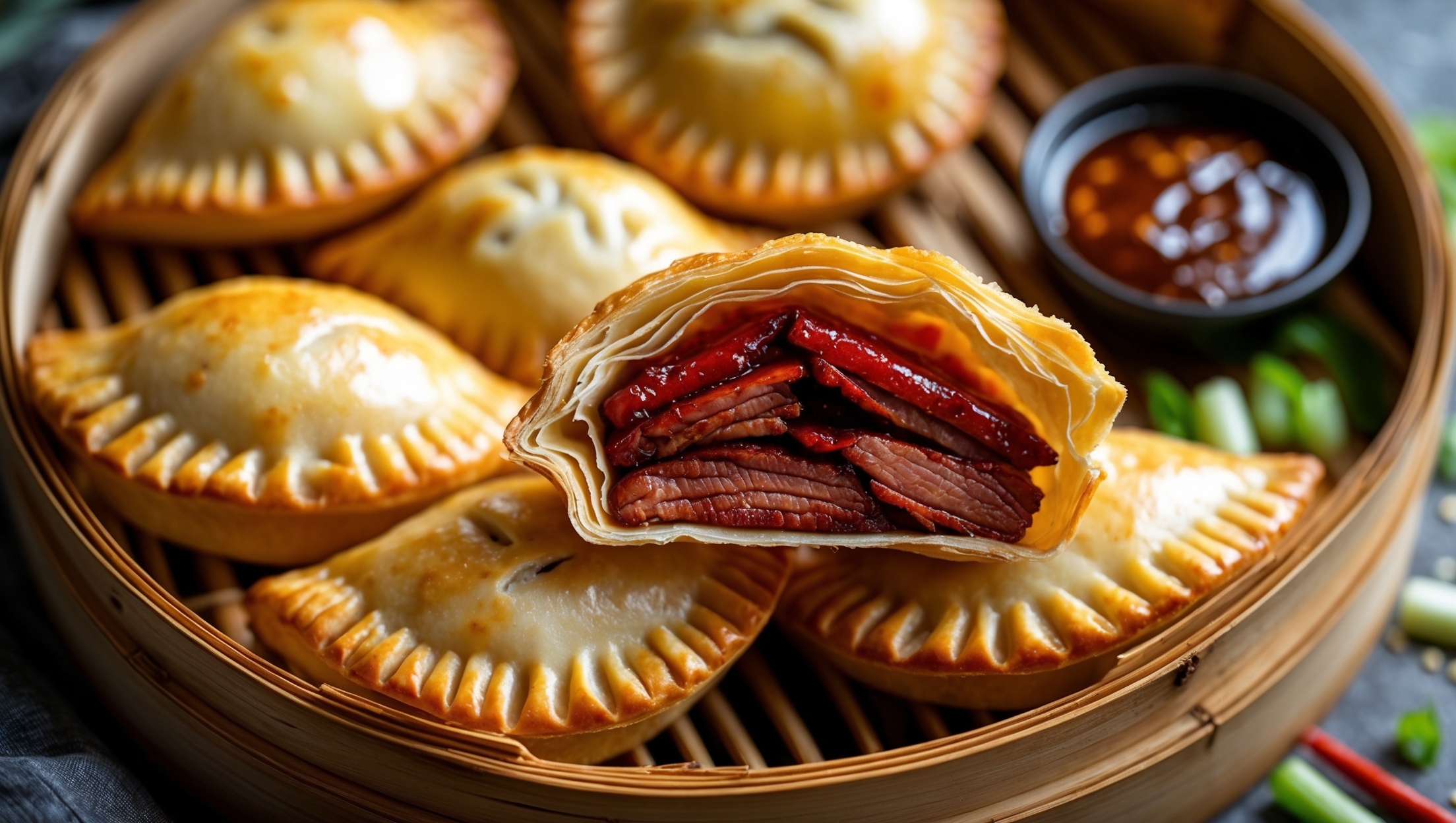 An overhead shot of golden-brown hand pies arranged on a rustic bamboo steamer, with one pie broken open to reveal the glossy, caramelized char siu filling inside. Soft natural light highlights the flaky pastry layers and the glistening red-tinged pork. A small dish of hoisin sauce sits nearby for dipping, alongside scattered green onions and sesame seeds. The cross-section view showcases the perfect ratio of buttery crust to savory-sweet pork filling, with visible flecks of five-spice powder and bits of caramelized edges that developed during baking.
