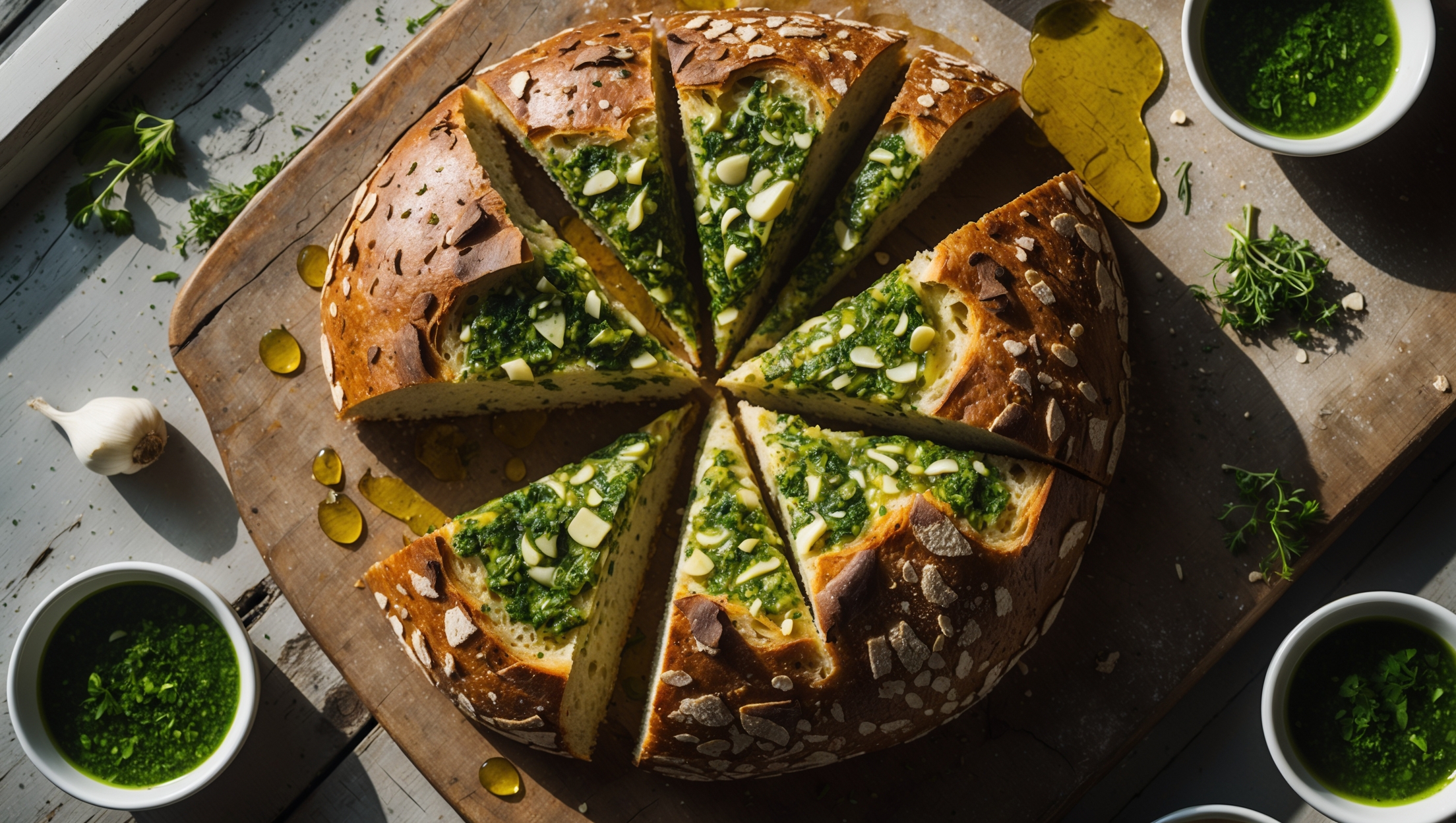 An overhead shot of freshly baked chimichurri bread, cut into generous wedges revealing a moist interior flecked with vibrant green herbs. The rustic, golden-brown crust contrasts beautifully with the herb-infused crumb inside. Natural window light streams across a weathered wooden board where the bread rests, highlighting droplets of olive oil that glisten on the surface. Surrounding the bread are small bowls of extra chimichurri sauce, scattered fresh herbs, and a few cloves of roasted garlic. The scene evokes a casual Mediterranean dining experience, with the aromatic herbs and garlic visibly present throughout the bread's texture.