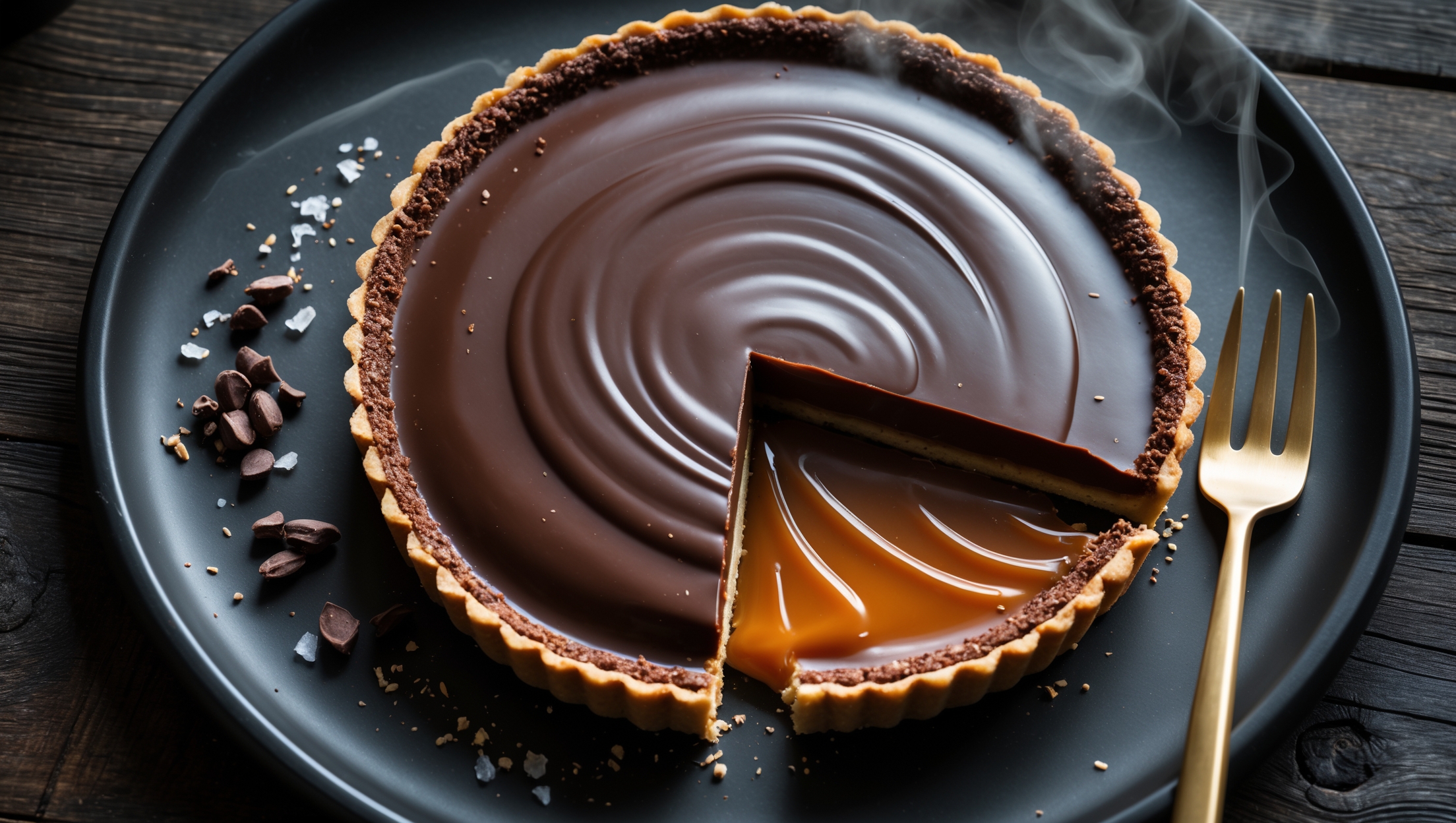 An overhead shot of the chocolate caramel tart reveals a perfect circle of glossy, mirror-like chocolate ganache with a thin gold-dusted edge catching the soft natural light. A slice has been removed, exposing the three distinct layers: the crumbly shortcrust base, the amber caramel center slowly oozing outward, and the smooth chocolate top layer. The tart sits on a matte black ceramic plate against a dark wooden surface, with scattered cacao nibs, sea salt flakes, and a small gold fork positioned beside it. Wisps of steam suggest it has been recently sliced, with the warm caramel creating a captivating contrast against the firm chocolate layer.
