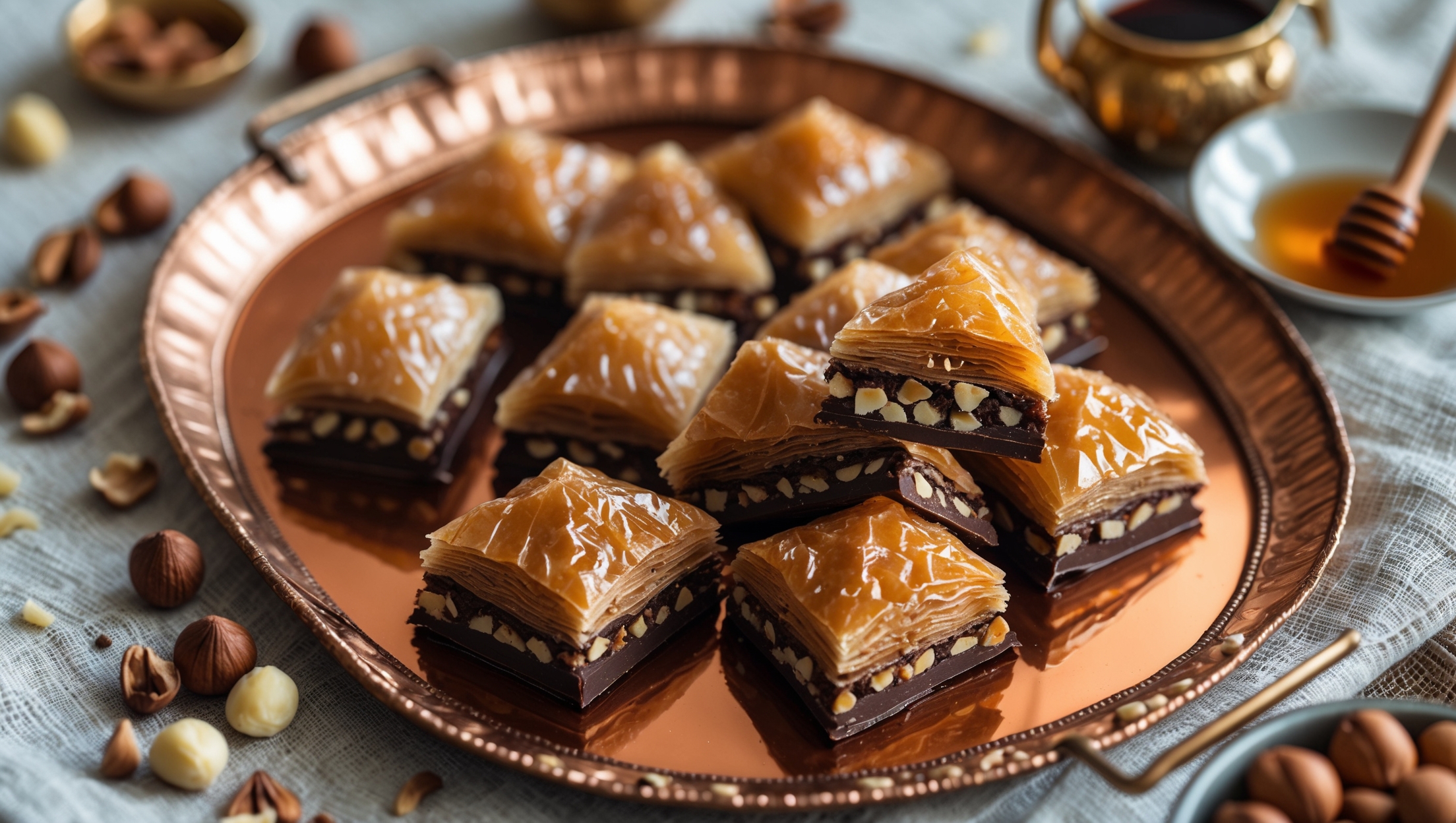 An overhead shot of diamond-shaped chocolate baklava pieces arranged on an ornate copper serving tray, with one piece lifted slightly to reveal the multiple layers of golden, flaky phyllo and rich chocolate filling. Soft natural light catches the glistening honey syrup, which pools slightly at the edges of each piece. Close-up details show tiny pieces of chopped nuts embedded in the dark chocolate mixture. The serving scene includes scattered hazelnuts and walnuts, a small pot of honey with a dipper, and delicate Turkish coffee cups in the background, all set against a textured linen cloth that enhances the baklava's Middle Eastern heritage with contemporary chocolate twist.