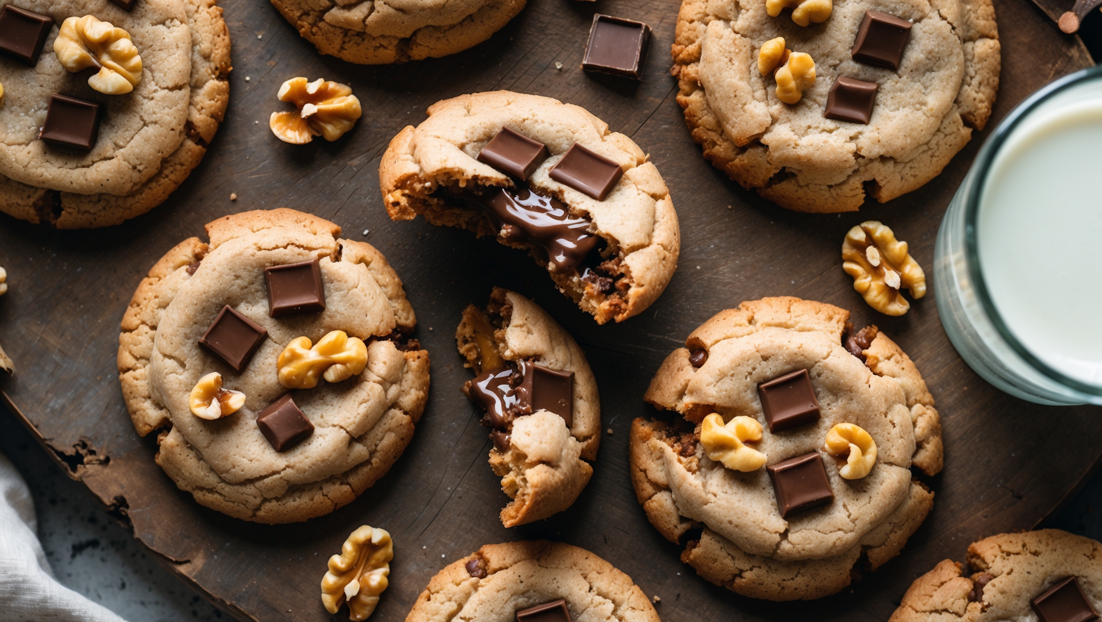 An overhead shot of chocolate chip walnut cookies arranged on a rustic wooden board with a few cookies broken in half to showcase their gooey centers filled with melted chocolate chunks. The cookies have a golden-brown edge with a slightly lighter center, with toasted walnuts and chocolate pieces visible on the surface. Natural light streams in from a nearby window, highlighting the texture of the cookies and their perfectly imperfect edges. A vintage glass of milk sits nearby, along with scattered walnuts and a few extra chocolate chunks, emphasizing the homemade quality of these classic treats.