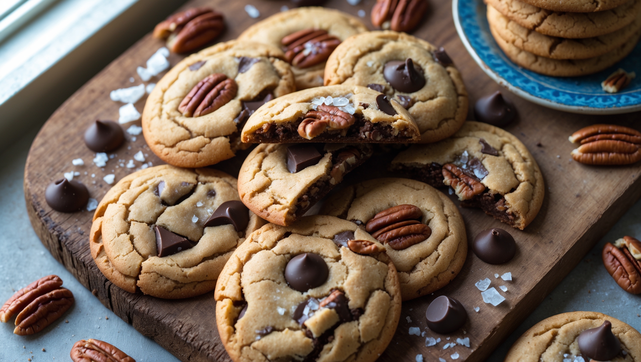 An overhead shot of chocolate chip pecan cookies arranged in a casual spiral on a rustic wooden board, with a few cookies broken in half to reveal pockets of melted chocolate and chunks of golden pecans. The cookies are photographed in soft natural light streaming through a kitchen window, highlighting their golden-brown edges and slightly crackled tops. Some scattered pecan halves, chocolate chunks, and a sprinkle of flaky sea salt provide context around the edges, while a vintage blue ceramic plate holds a small stack of cookies in the background. The contrast between the dark chocolate, amber-colored pecans, and golden cookie dough creates a warm, inviting color palette that showcases the texture and richness of these homemade treats.