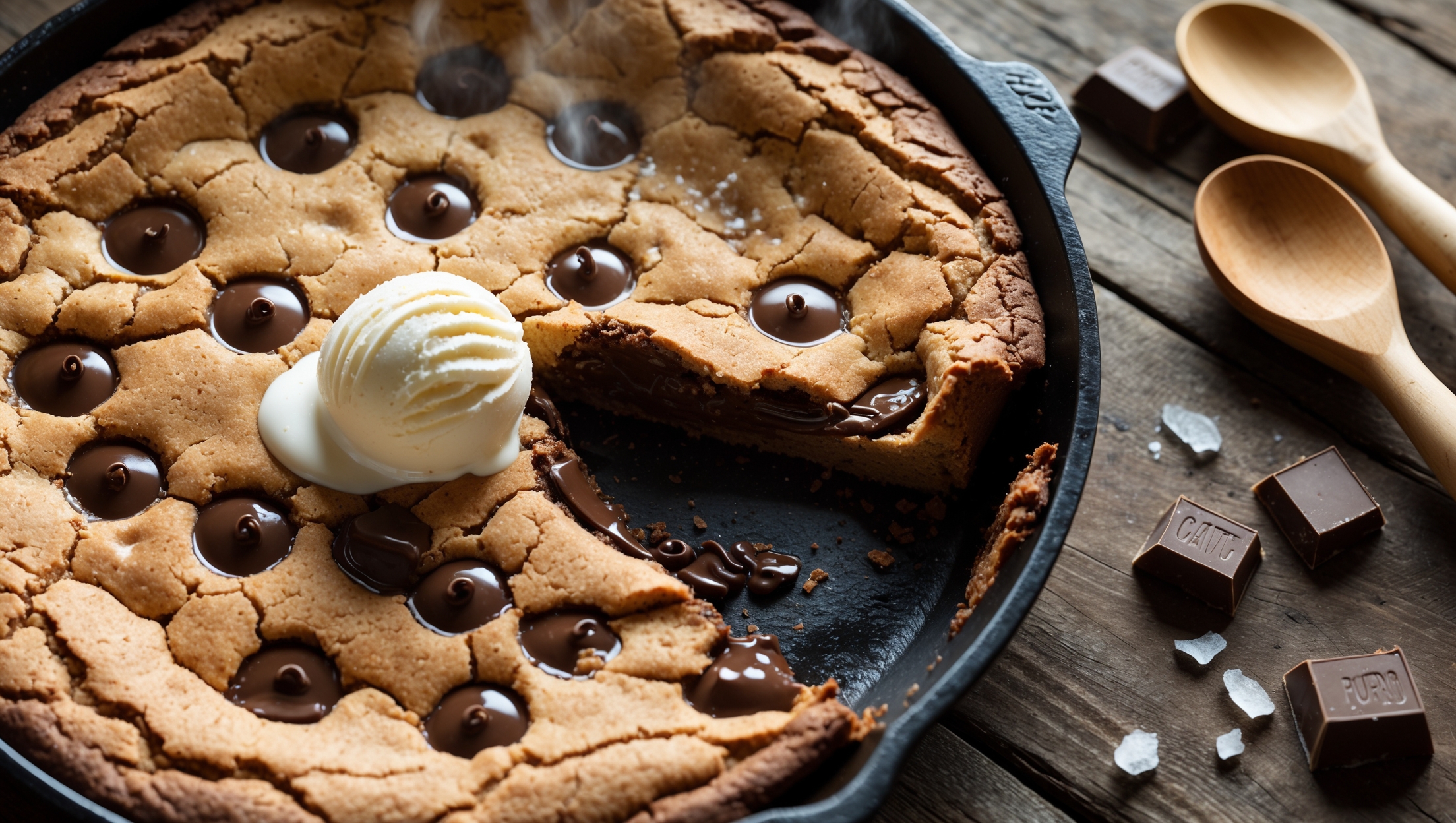 An overhead shot of a golden-brown skillet cookie with a slightly crackled top, showcasing pools of melted chocolate throughout. The cast iron skillet sits on a rustic wooden table under soft natural light that highlights the textural contrast between the crisp edge and soft center. A corner slice has been removed, revealing the cookie's gooey interior with chocolate chunks still warm and fluid. Scattered around the skillet are a few whole chocolate chunks and flakes of sea salt, with two wooden spoons ready for diving in. Steam rises subtly from the freshly-baked surface, suggesting it's served warm, perhaps with the barely visible edge of a vanilla ice cream scoop melting against the hot cookie.