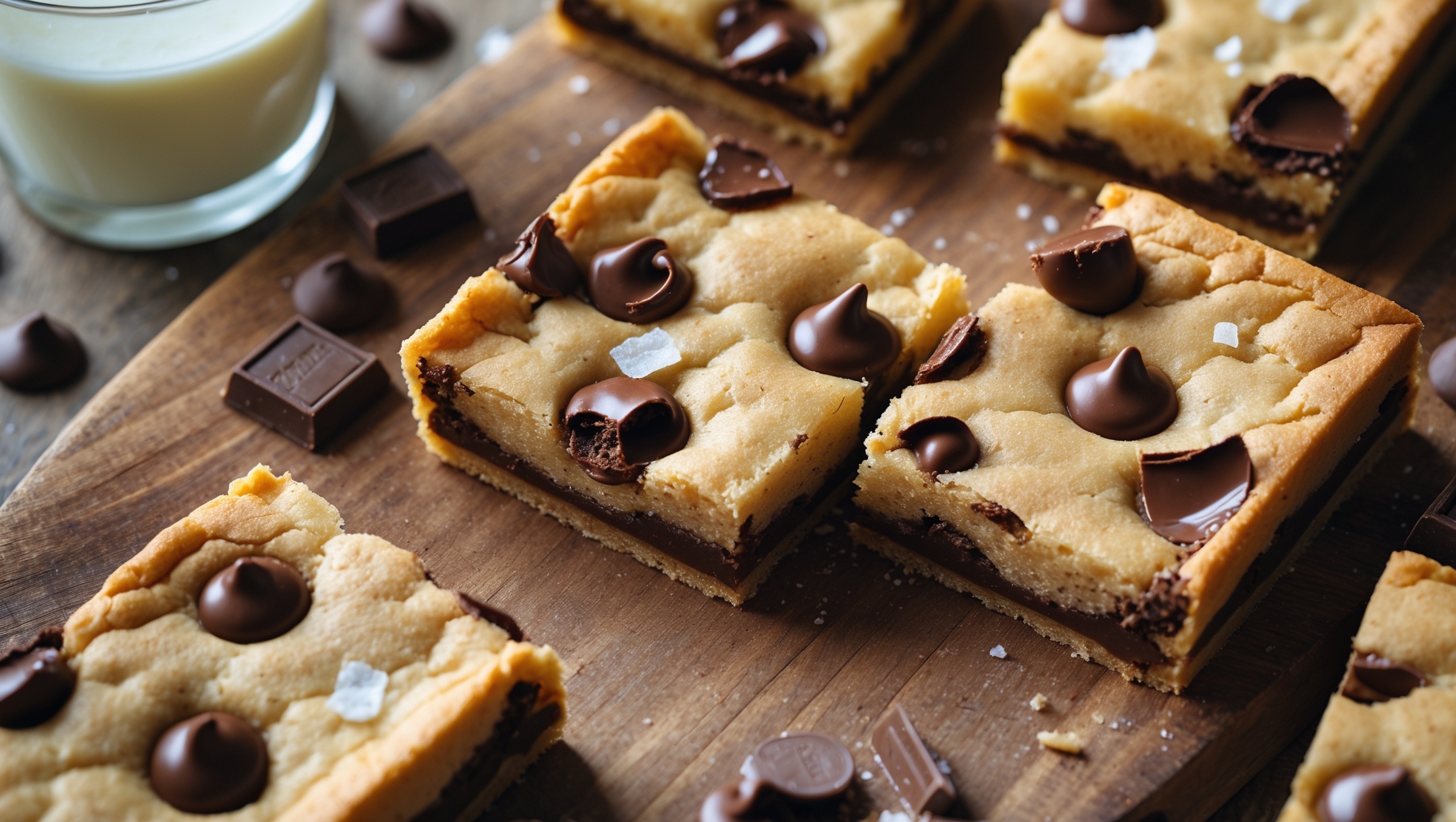 An overhead shot of a rustic wooden board featuring perfectly golden-brown chocolate chip cookie bars cut into generous squares. The cross-section reveals a soft, buttery interior studded with melting chocolate chunks that create pockets of glossy decadence. Soft natural light highlights the crisp edges and moist centers, while a dusting of flaky sea salt catches the light on top. In the background, a glass of milk and scattered chocolate chips provide context to these classic treats, with one bar broken open to reveal its chewy, tender crumb and molten chocolate center.