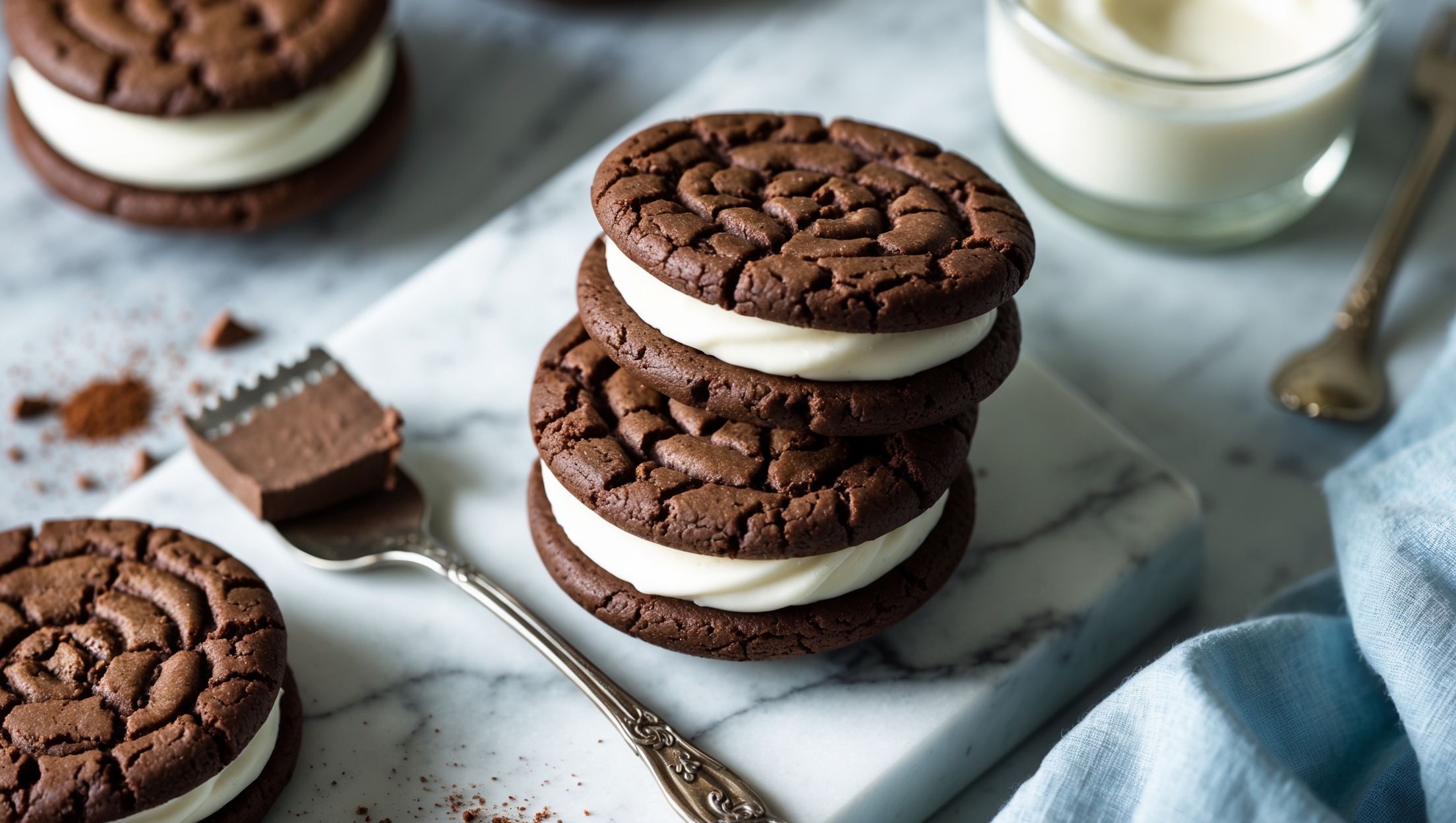 An overhead shot captures a stack of three chocolate sandwich cookies on a white marble surface, with one cookie placed at an angle to reveal the creamy white filling between the deep brown cookies. A cross-section view shows the perfect ratio of chocolate cookie to cream cheese filling, while a close-up highlights the slightly crackled texture of the cookies and the smooth, pillowy filling. Soft natural light casts gentle shadows that emphasize the contrast between the dark cookies and bright filling. Surrounding the composition are scattered cocoa powder, a small bowl of cream cheese, and a vintage silver dessert fork. The styling includes a delicate blue linen napkin and a small glass of milk slightly blurred in the background, creating a cozy, inviting atmosphere that enhances the homemade charm of these sophisticated sandwich cookies.