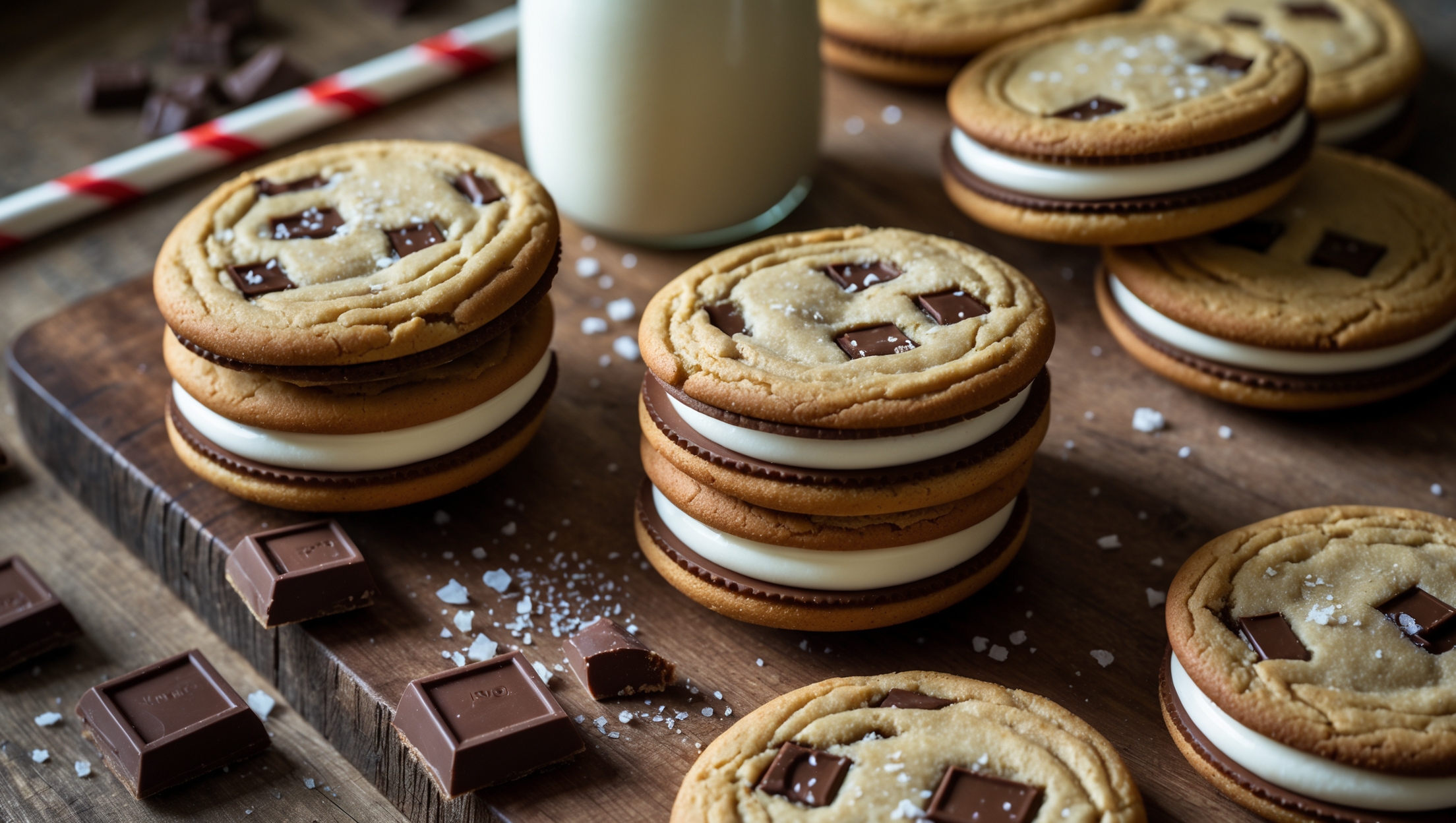 An overhead shot showcases a rustic wooden board with a stack of chocolate chunk sandwich cookies, some whole and one broken open to reveal the creamy filling between the cookies. The warm, natural light highlights the melty chocolate chunks embedded in the golden-brown cookie surface, creating appetizing shadows and depth. In the background, a vintage milk bottle with a striped paper straw sits beside scattered chocolate chunks and a few stray crumbs, while a gentle dusting of sea salt creates tiny sparkles on the cookie tops. The contrast between the dark chocolate, golden cookie, and pristine white filling creates a striking visual that emphasizes the homemade, indulgent nature of these sandwich treats.