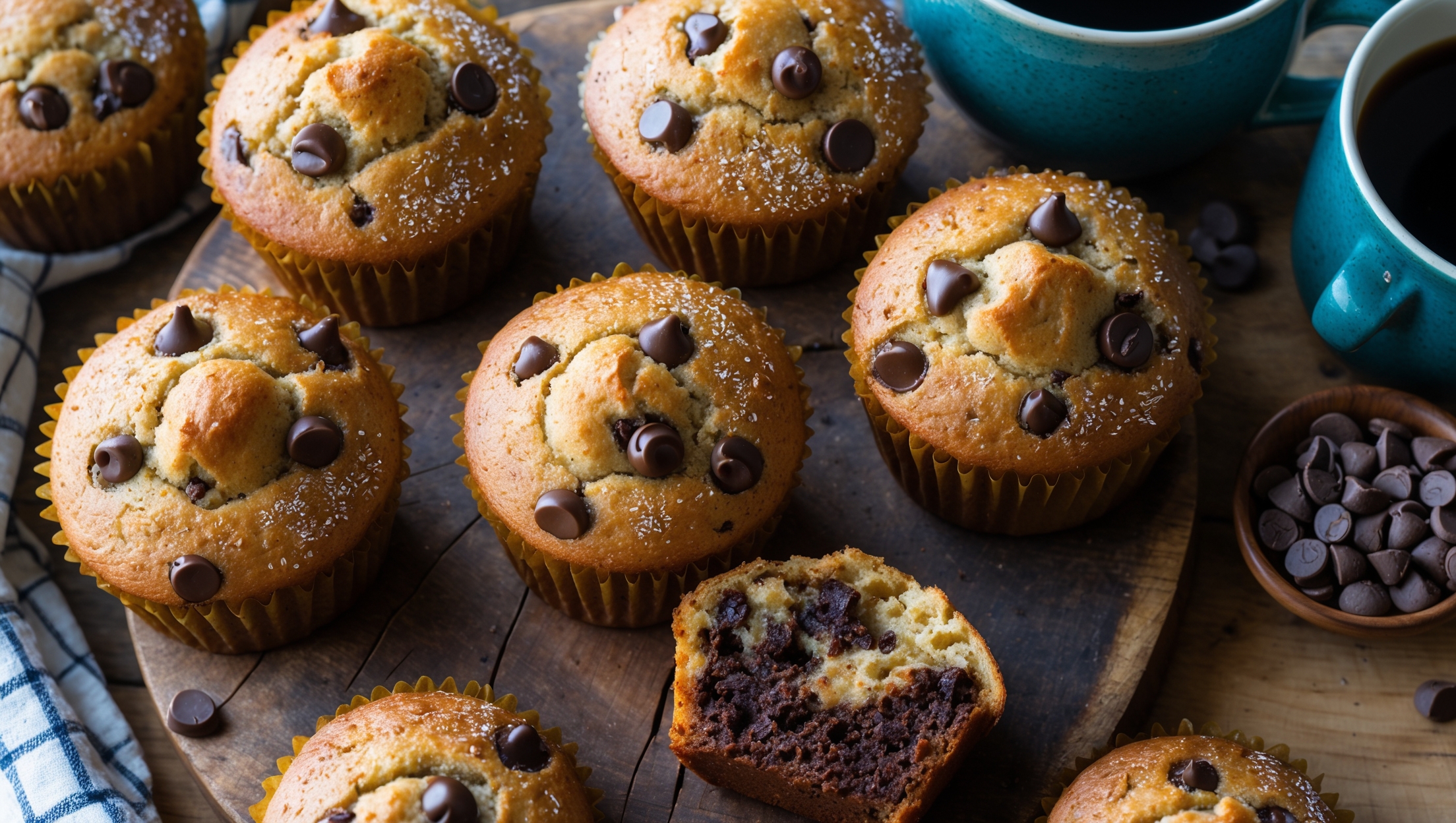 An overhead shot of six jumbo chocolate chip muffins with perfectly domed tops and golden-brown edges, arranged on a rustic wooden board. Soft natural light streams in from a nearby window, highlighting the scattered chocolate chips visible on the surface and the sparkling sugar crystals that crown each muffin. A cross-section of one muffin reveals a tender, moist interior with pockets of melted chocolate throughout. A vintage blue ceramic mug filled with coffee sits beside the display, along with a small bowl of extra chocolate chips and a checked linen napkin, creating a cozy breakfast scene that emphasizes the homemade quality of these fresh-baked treats.