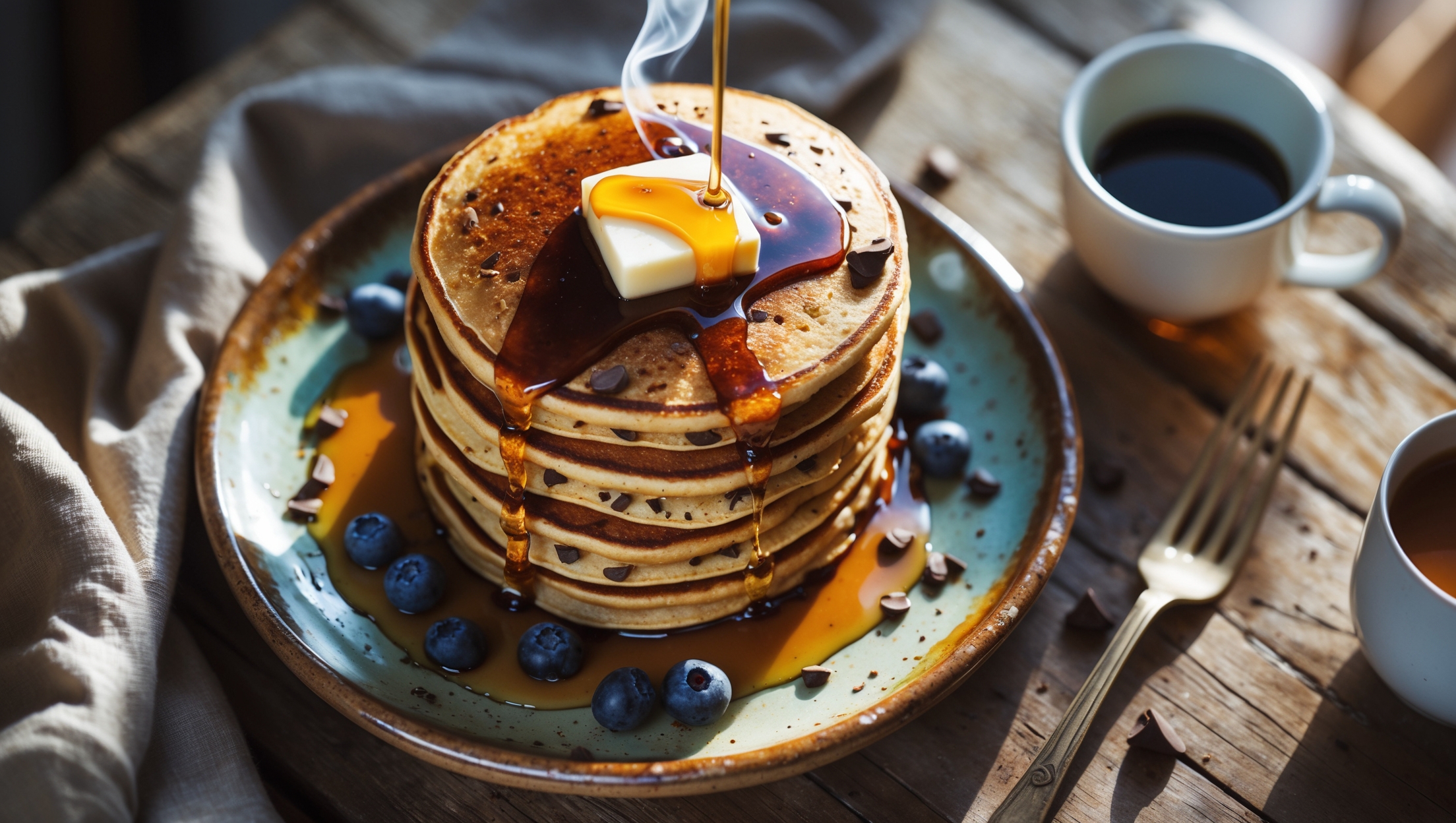 An overhead shot of a tall stack of golden-brown chocolate chip pancakes on a rustic ceramic plate, with melted chocolate chunks visible throughout the layers. A pat of butter is melting down the sides, and pure maple syrup is being drizzled from a small pitcher in the corner of the frame. Soft natural morning light streams in from the side, highlighting the steam rising from the warm stack. A scattering of fresh berries and a few loose chocolate chips surround the plate, which sits on a weathered wooden table alongside a vintage fork and a cup of coffee, creating an inviting breakfast scene.
