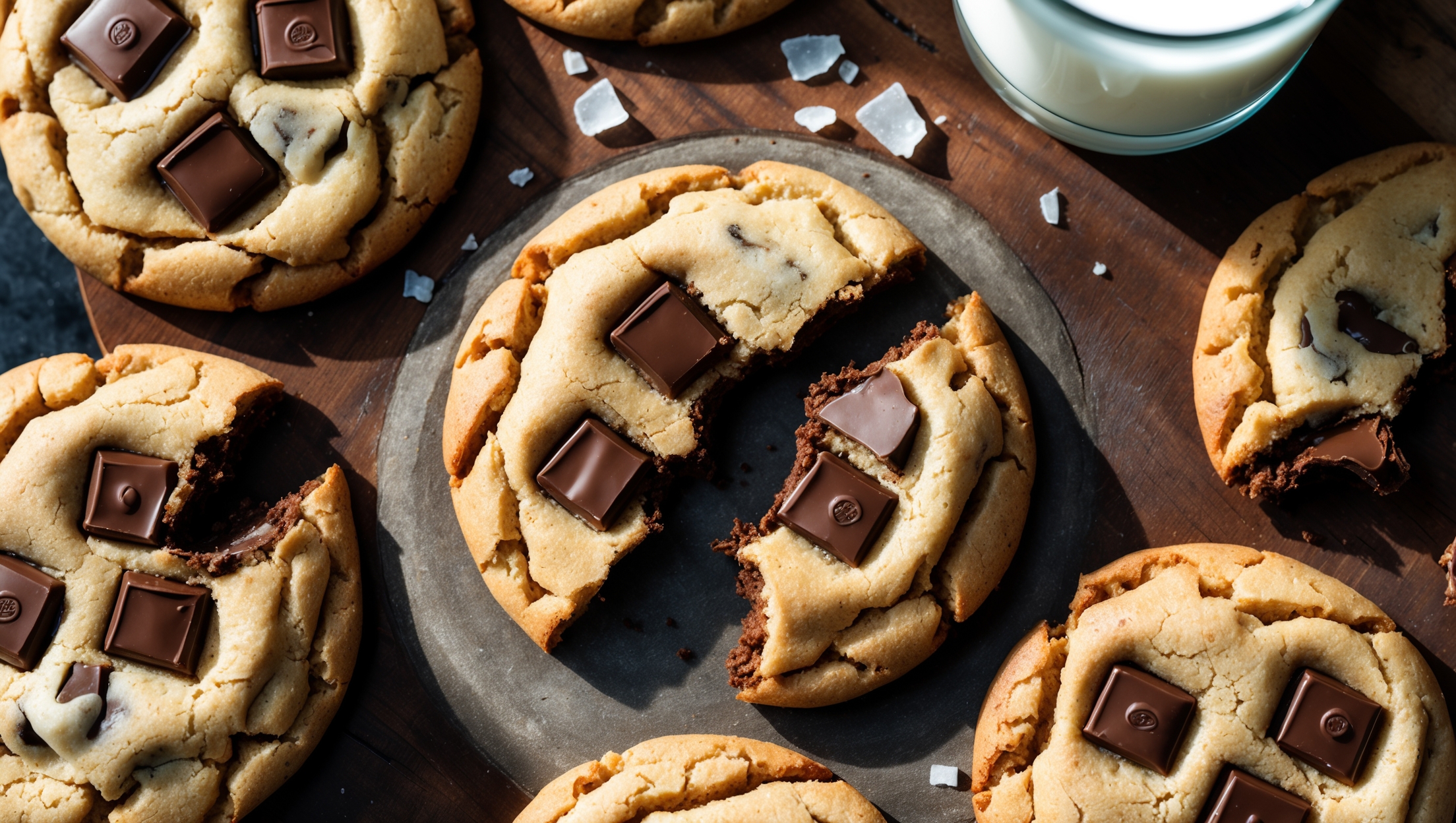 An overhead shot of freshly baked chocolate chunk cookies arranged on a rustic wooden board, highlighting their golden-brown edges and chocolate chunks peeking through crackly tops. The warm afternoon light casts gentle shadows, emphasizing the cookies' textured surface and uneven edges. A close-up reveals pools of still-molten chocolate amid the tender, slightly underbaked centers. In the background, a glass of milk and scattered sea salt flakes add dimension, while a broken cookie showcases the perfect pull-apart texture with stretchy chocolate strands connecting both pieces.