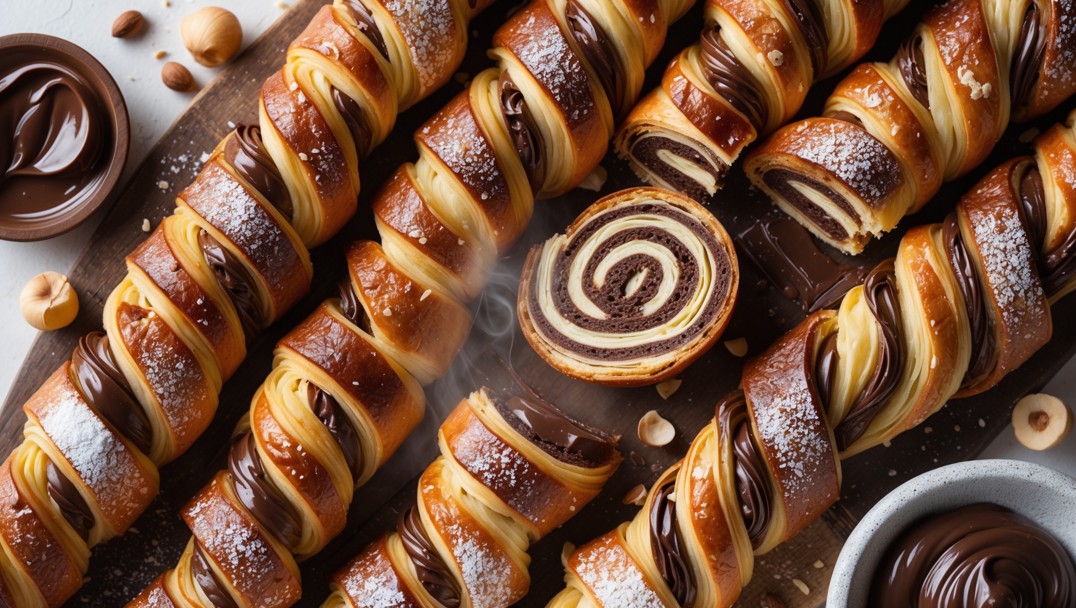 An overhead shot of golden-brown twists arranged on a rustic wooden board, their layers clearly visible with chocolate hazelnut filling peeking through the flaky pastry turns. A cross-section view reveals the beautiful spiral pattern of pastry and chocolate. Soft natural light highlights the glossy sugar coating that sparkles on the surface, while scattered hazelnuts and a small bowl of additional chocolate spread sit artfully alongside. The warm tones of the pastry contrast with the rich dark chocolate, and a light dusting of powdered sugar adds dimension. Steam visibly rises from a freshly broken twist, showcasing its warm, just-baked appeal.