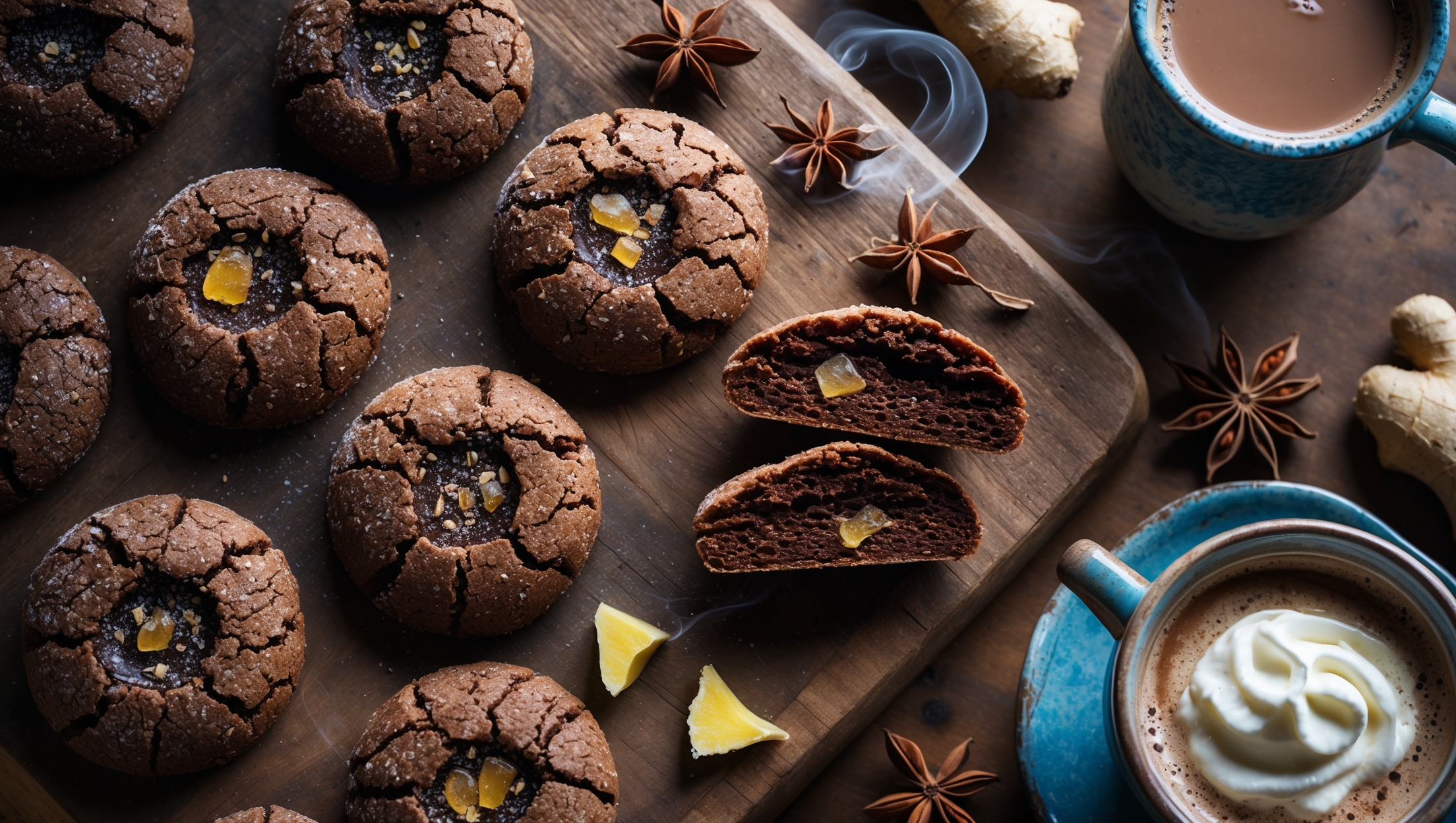 An overhead shot captures a rustic wooden board holding a dozen crackle-topped chocolate ginger cookies, their dark surfaces glistening with sugar crystals. A cross-section reveals the perfectly chewy interior, with tiny pieces of crystallized ginger creating pockets of brightness against the rich chocolate backdrop. Shot in warm natural light, the scene includes scattered whole spices—star anise, cinnamon sticks and ginger root—alongside a vintage ceramic mug of hot chocolate topped with whipped cream. The steam rising from both the freshly baked cookies and the hot drink creates a cozy atmosphere, highlighting the intense cocoa color and the slightly raised, fudgy centers of these spice-infused treats.